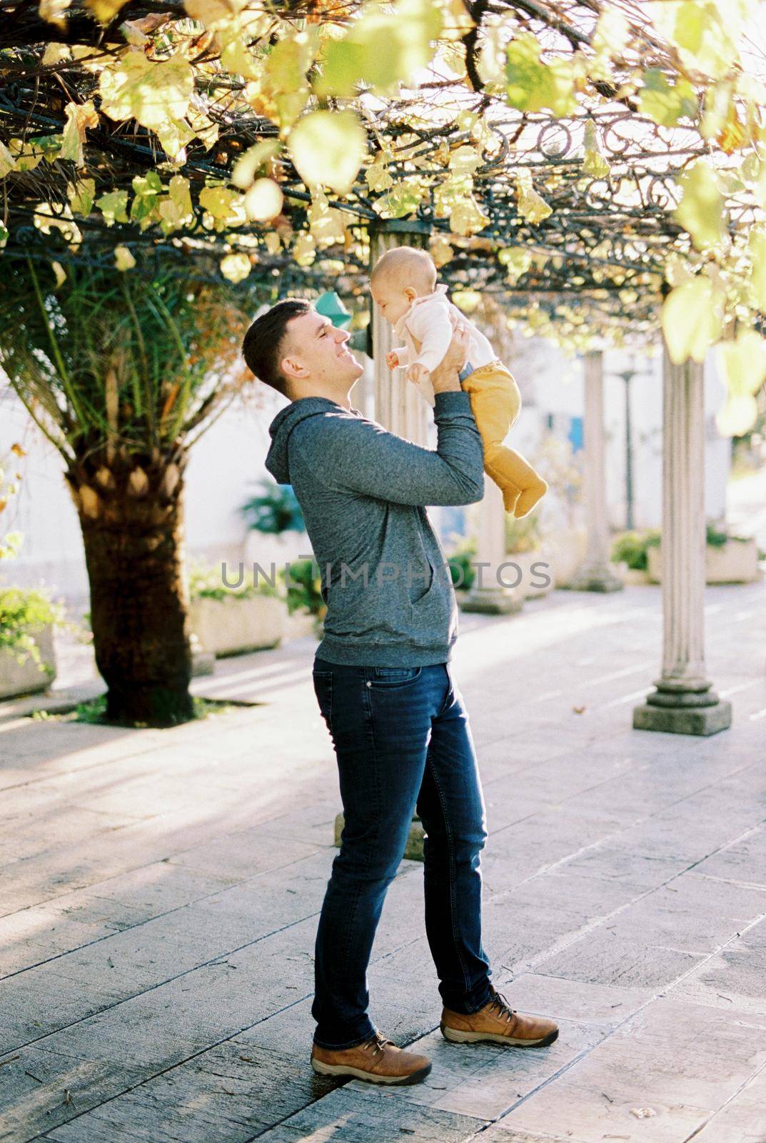 Dad raises a baby in his arms while standing in a pergola under the leaves. High quality photo