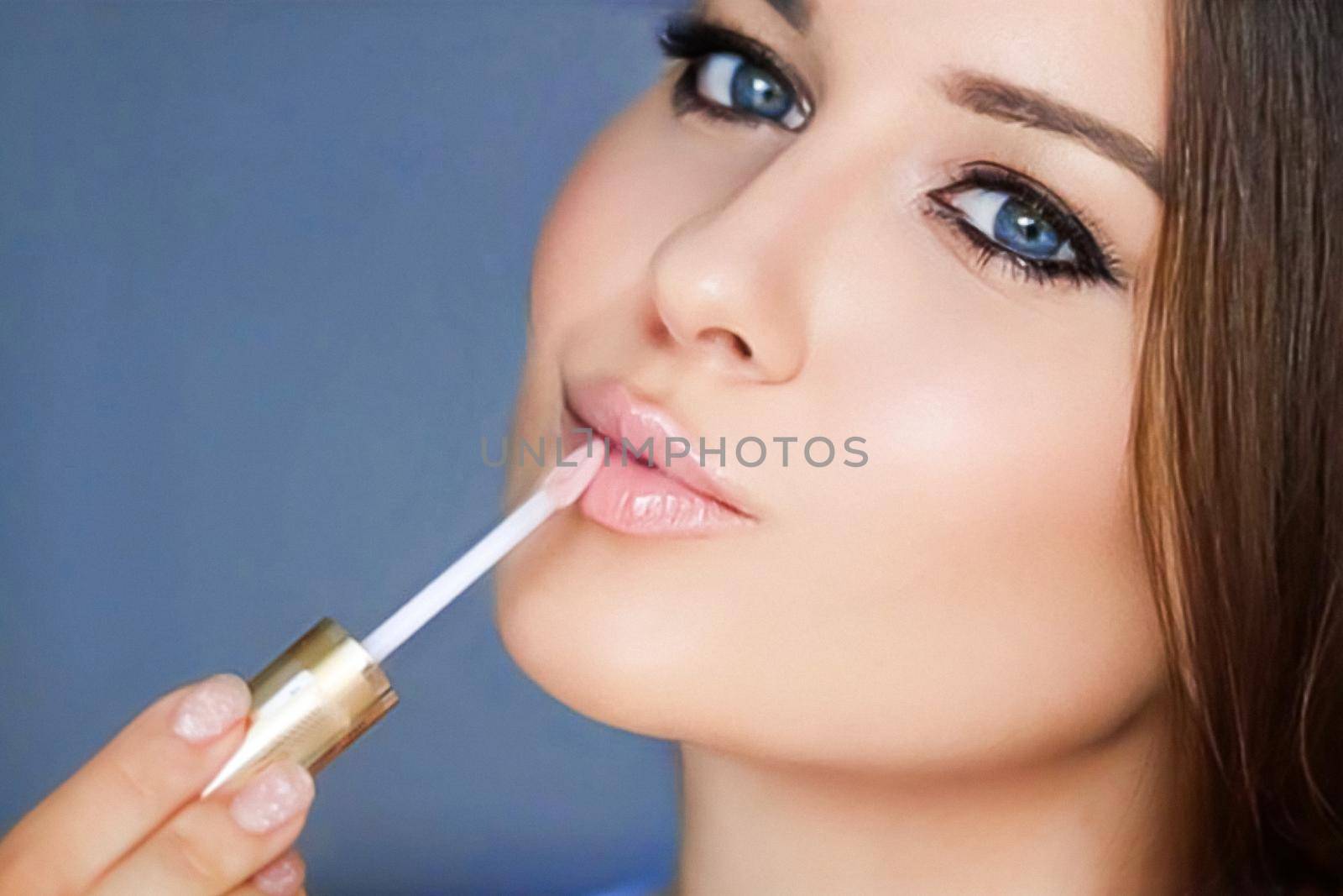 Beauty, makeup and skincare cosmetics model face portrait, beautiful woman applying lip gloss, cosmetic product and glamour make-up by Anneleven