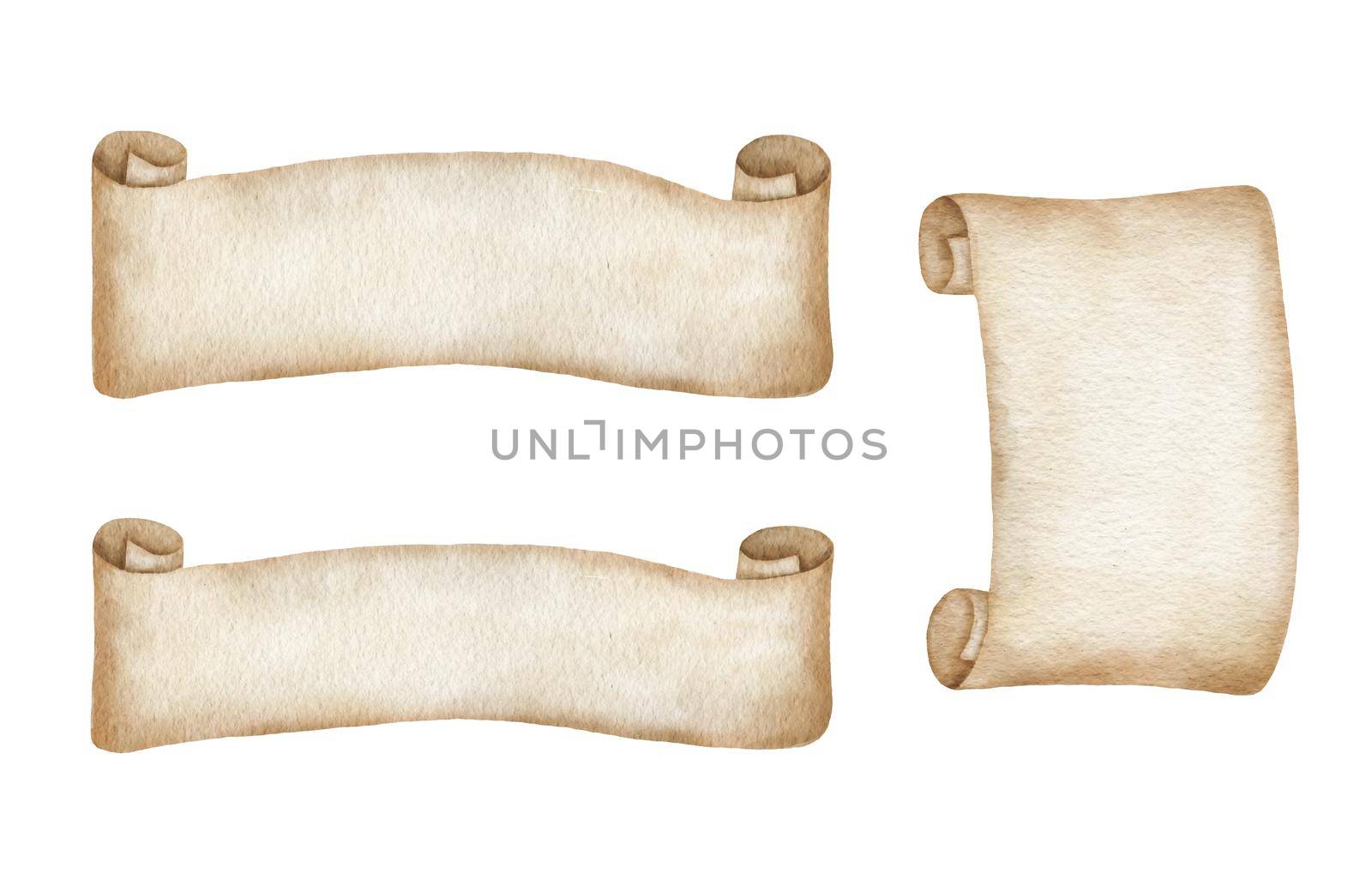 Ancient empty scroll set. Watercolor paper papyrus isolated on white background. by ElenaPlatova