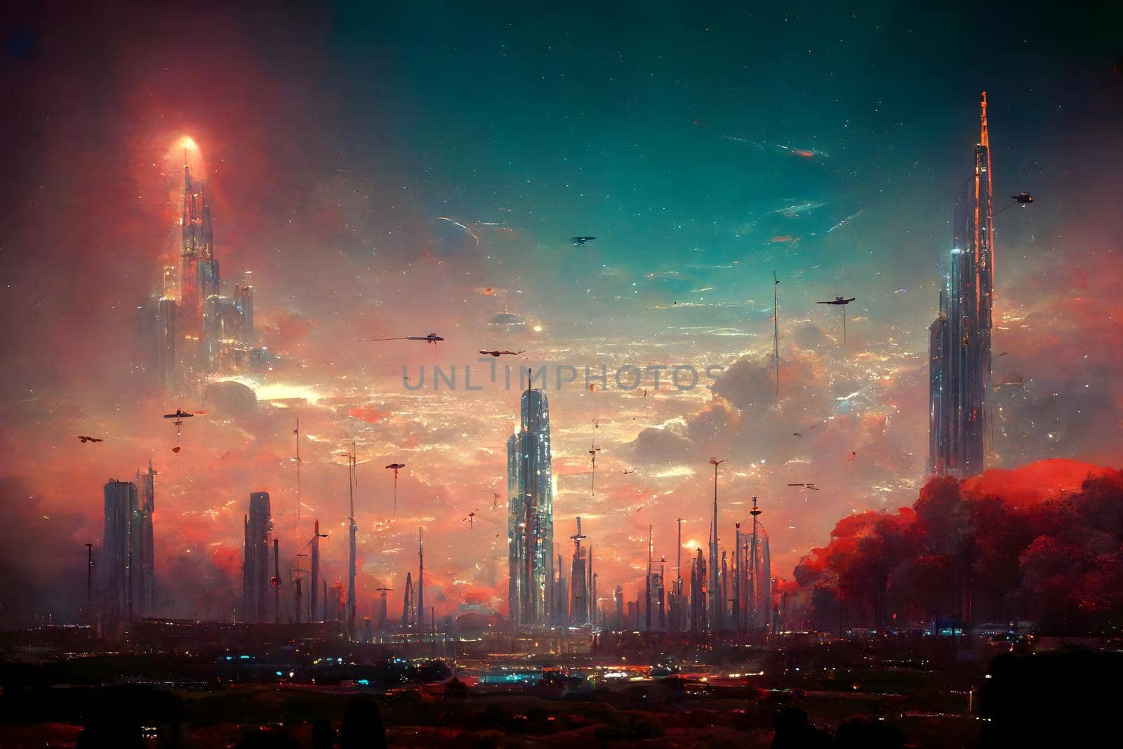 dreamy futuristic city in space with colorful clouds and high rise spire-like skyscrapers, neural network generated art by z1b