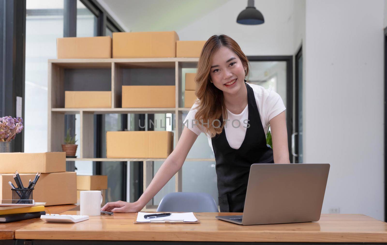 Portrait of Starting small businesses SME owners female entrepreneurs working, box and check online orders to prepare to pack the boxes, sell to customers, sme business ideas online. by wichayada