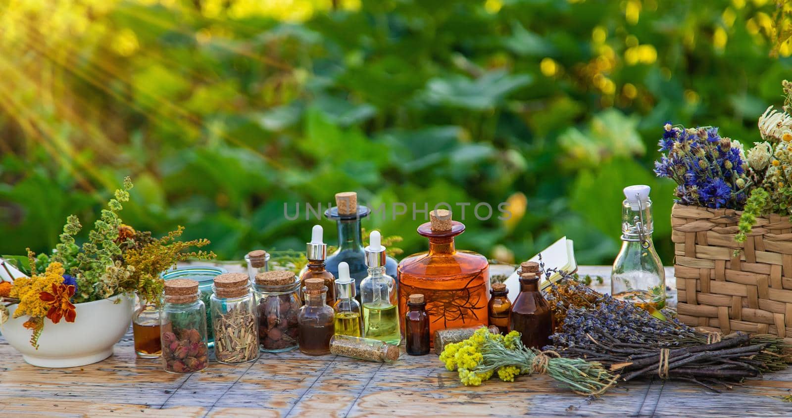 Medicinal herbs and tinctures on the table. Selective focus. Nature.