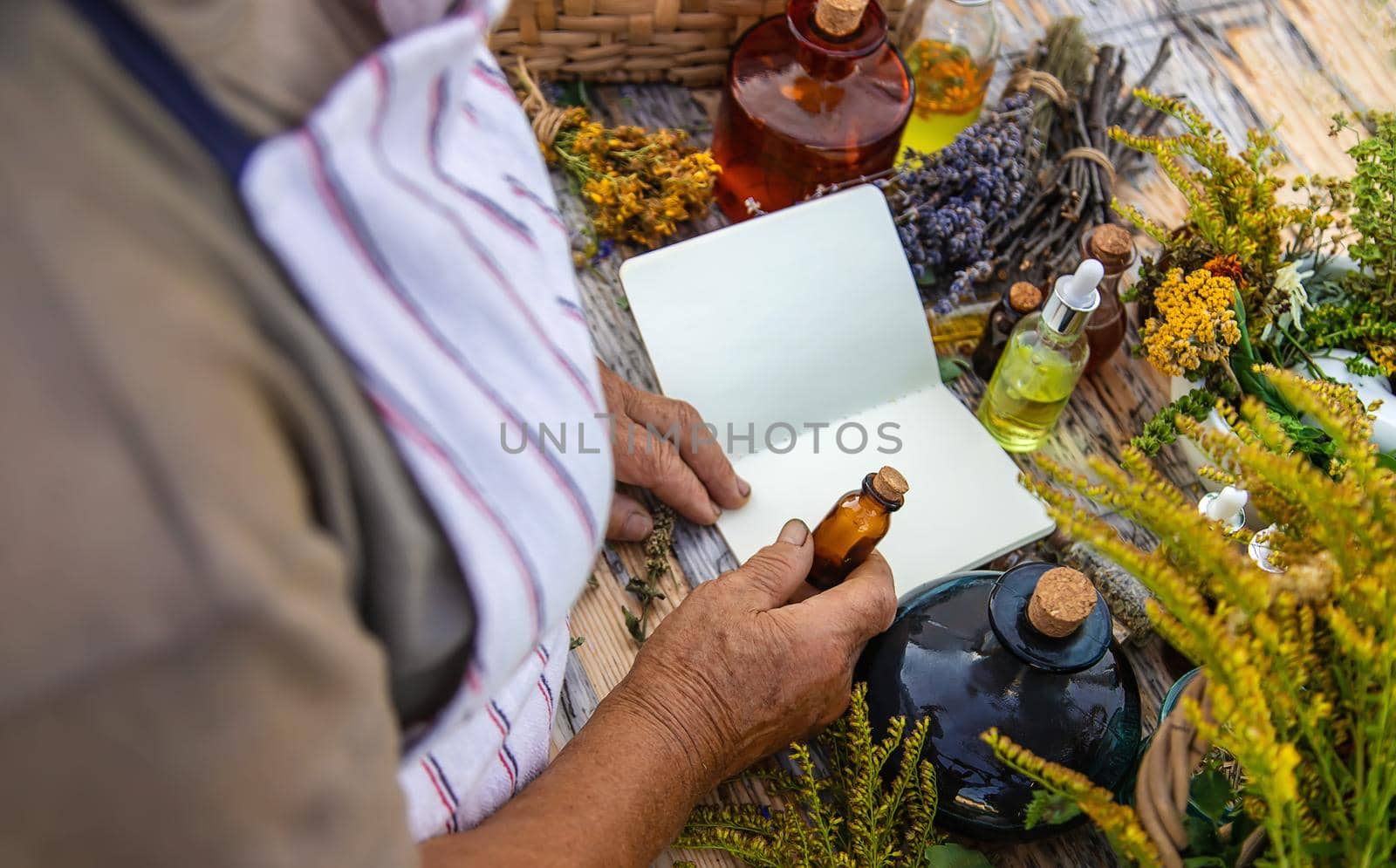 Grandmother makes tinctures from medicinal herbs. Selective focus. People.