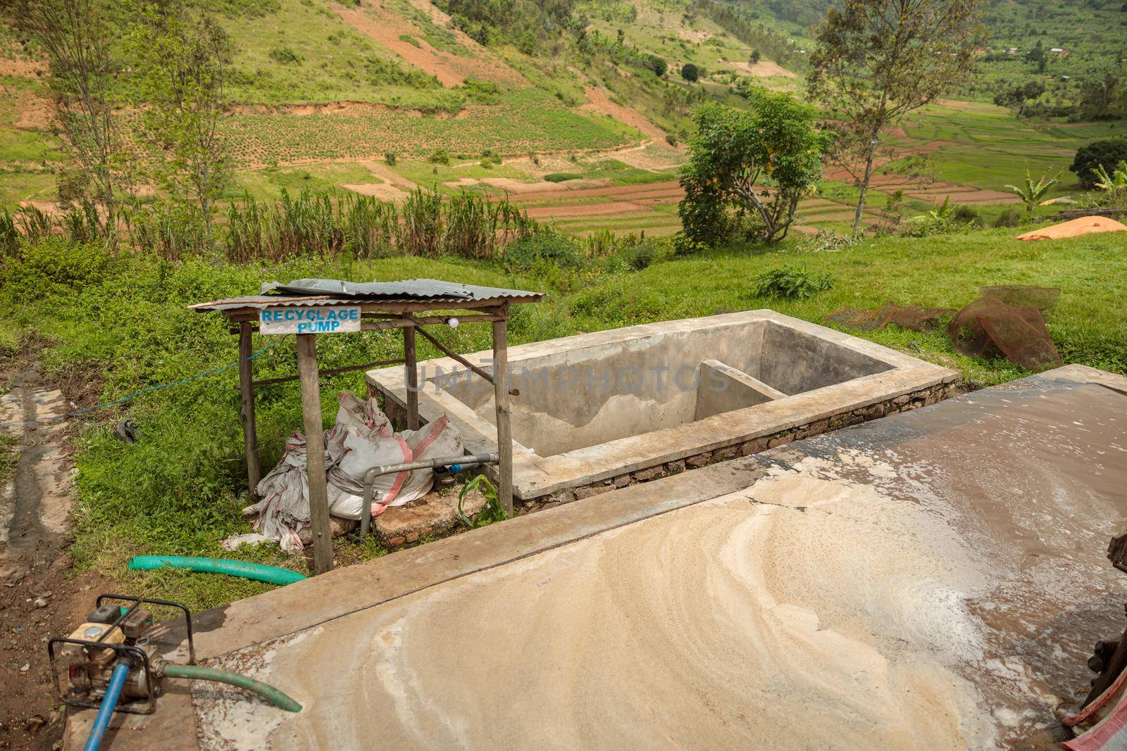 Top view of recyclage pump on the washing station at farm, Rwanda region