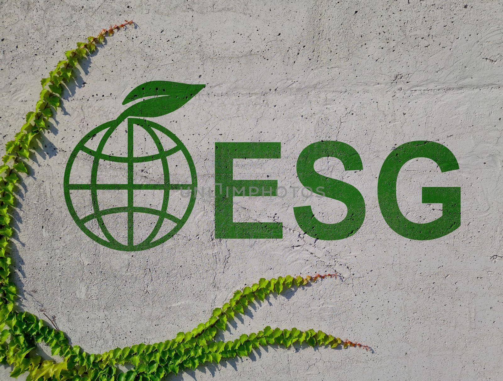 Wall with an inscription ESG Environmental, Social, and Governance and globe and green leaves.