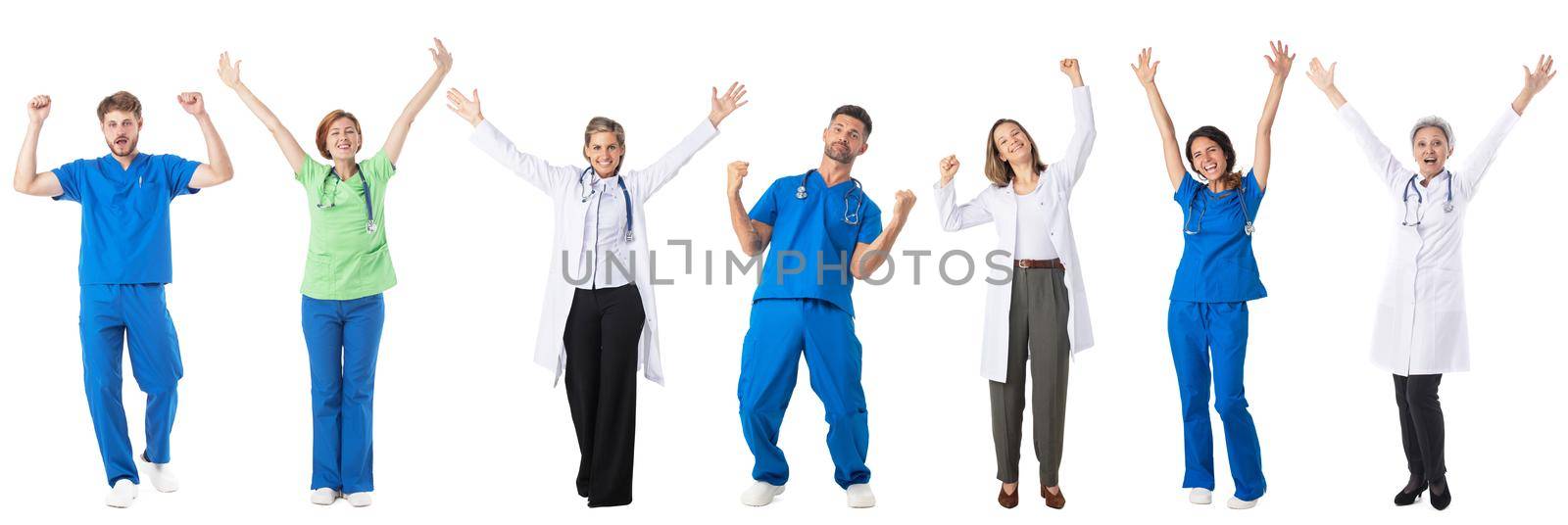 Set of Full length portraits of doctors and nurses medical staff in uniform with raised arms isolated on white background