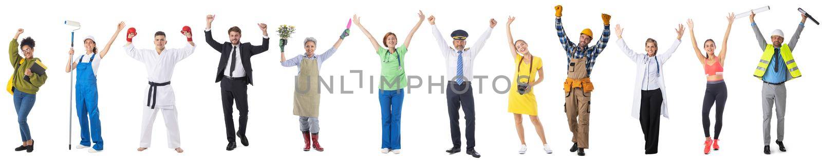 Group set of full portraits of happy people with arms raised representing diverse professions, isolated on white background