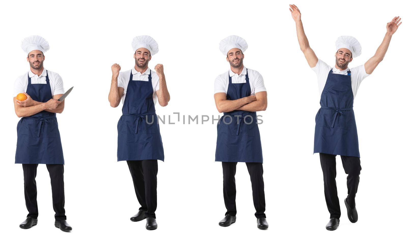 Set of full length portraits of portraits of chef cook man gesturing isolated on white background