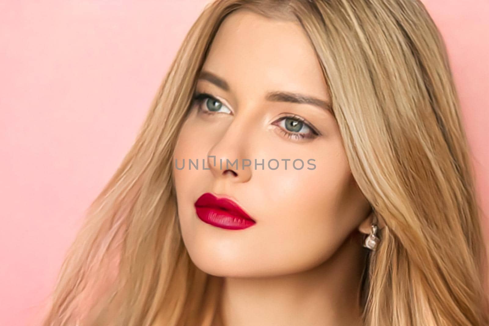 Beauty, makeup and hairstyle, beautiful blonde woman with red matte lipstick make up on pink background as bridal make-up look, fashion and glamour model face portrait for cosmetics, skincare and hair care by Anneleven