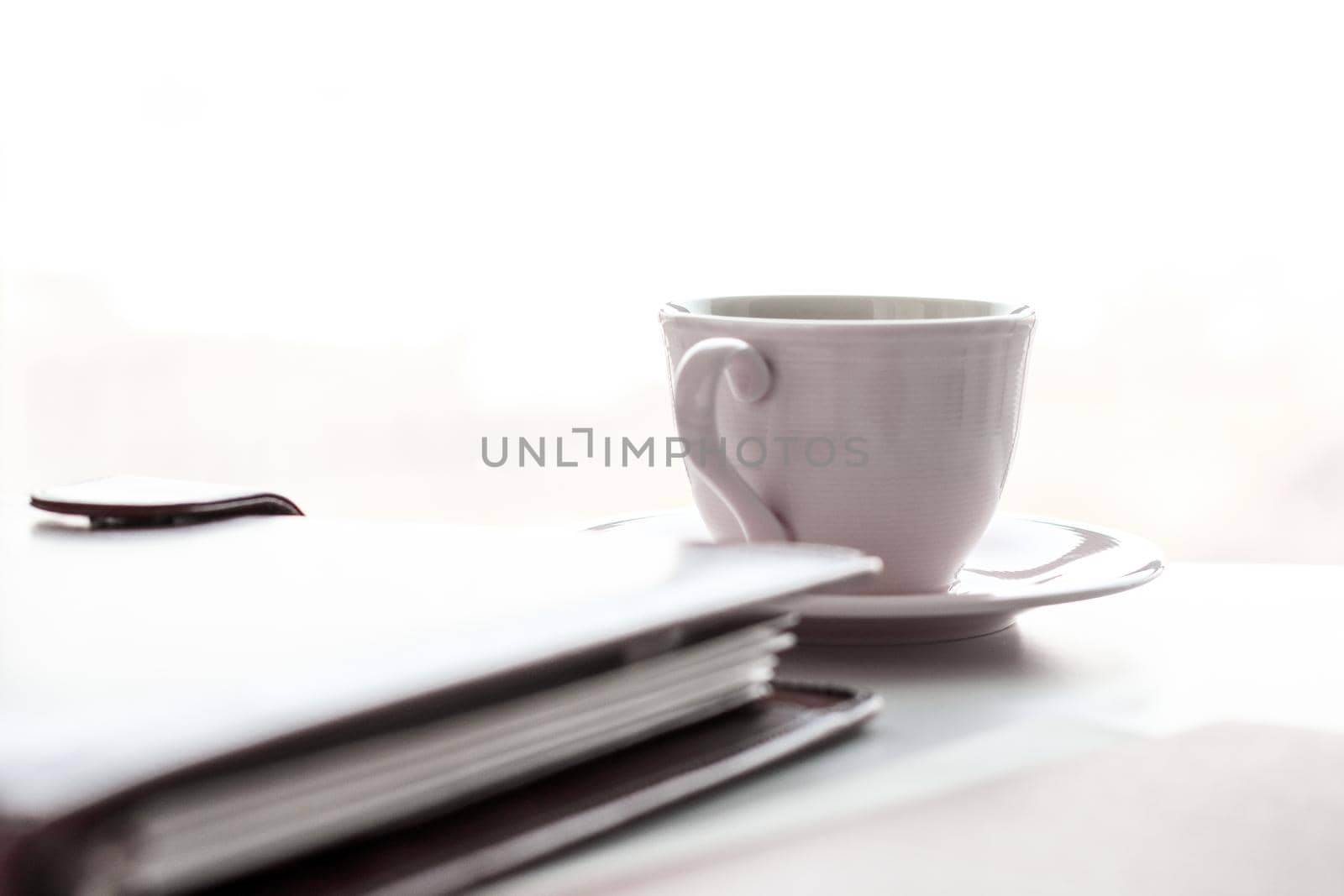 Office table desk and coffee cup, productivity concept by Anneleven