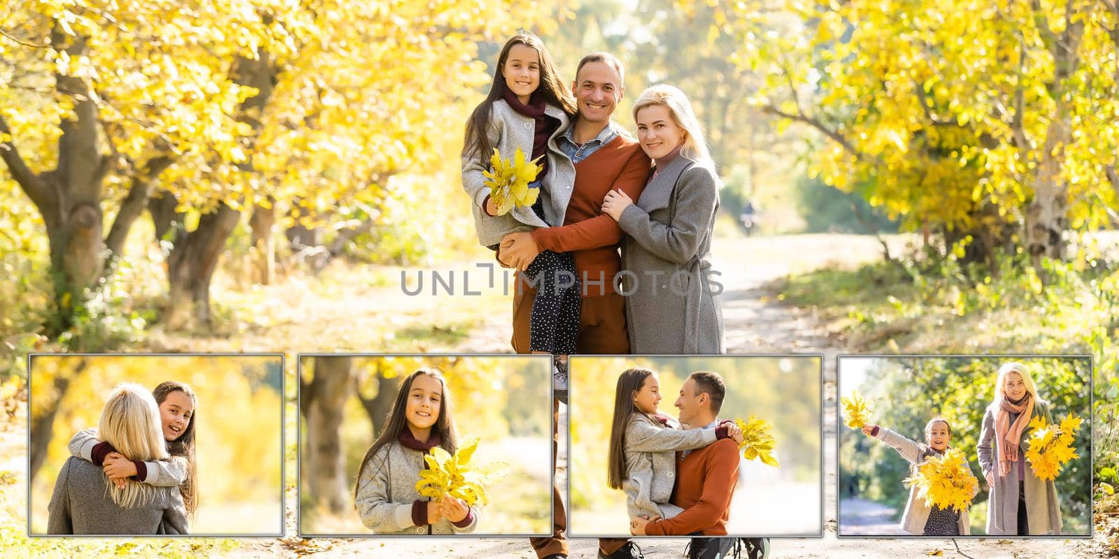 Smiling young family throwing leaves around on an autumns day by Andelov13