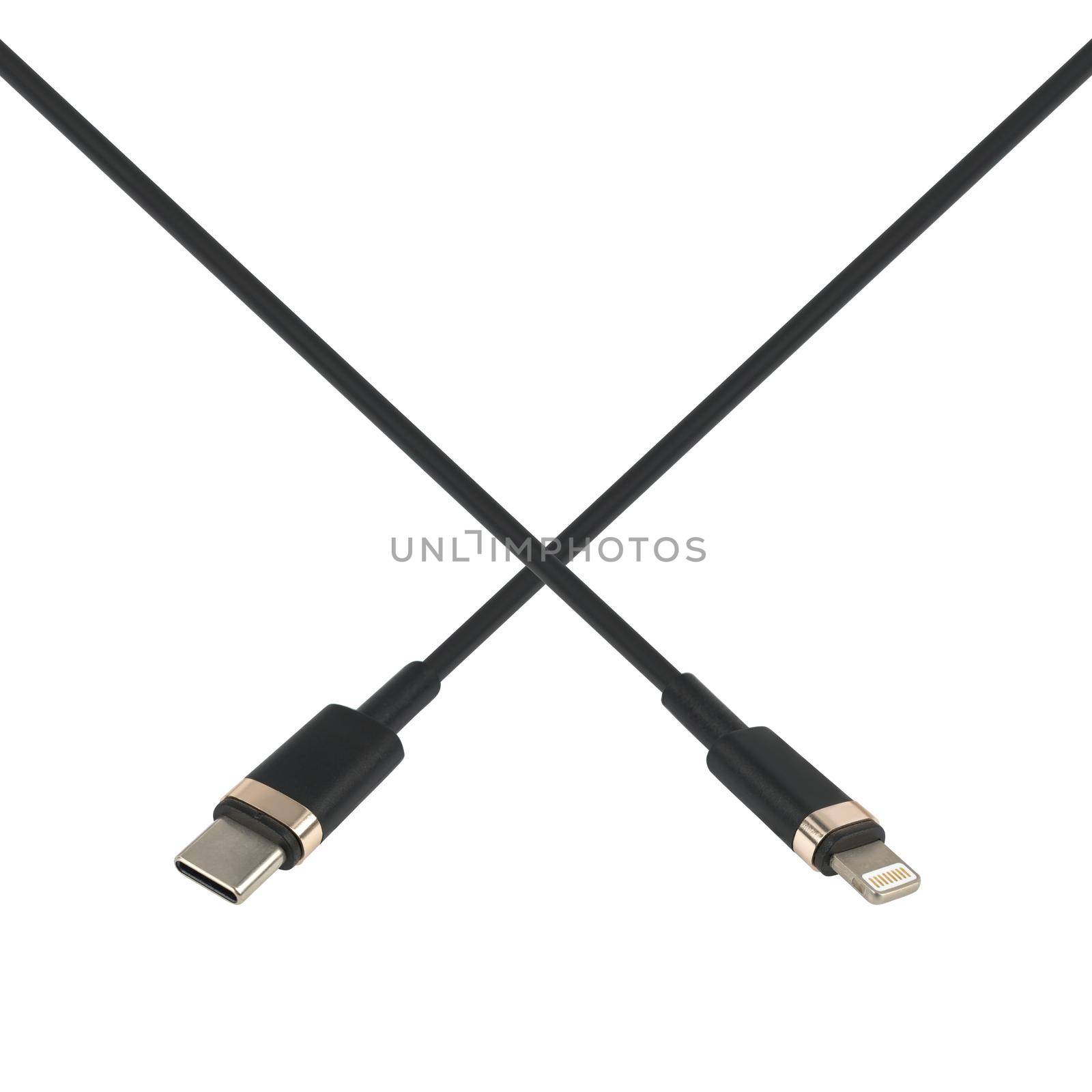 cable with Type-C and Lightning connector, on white background