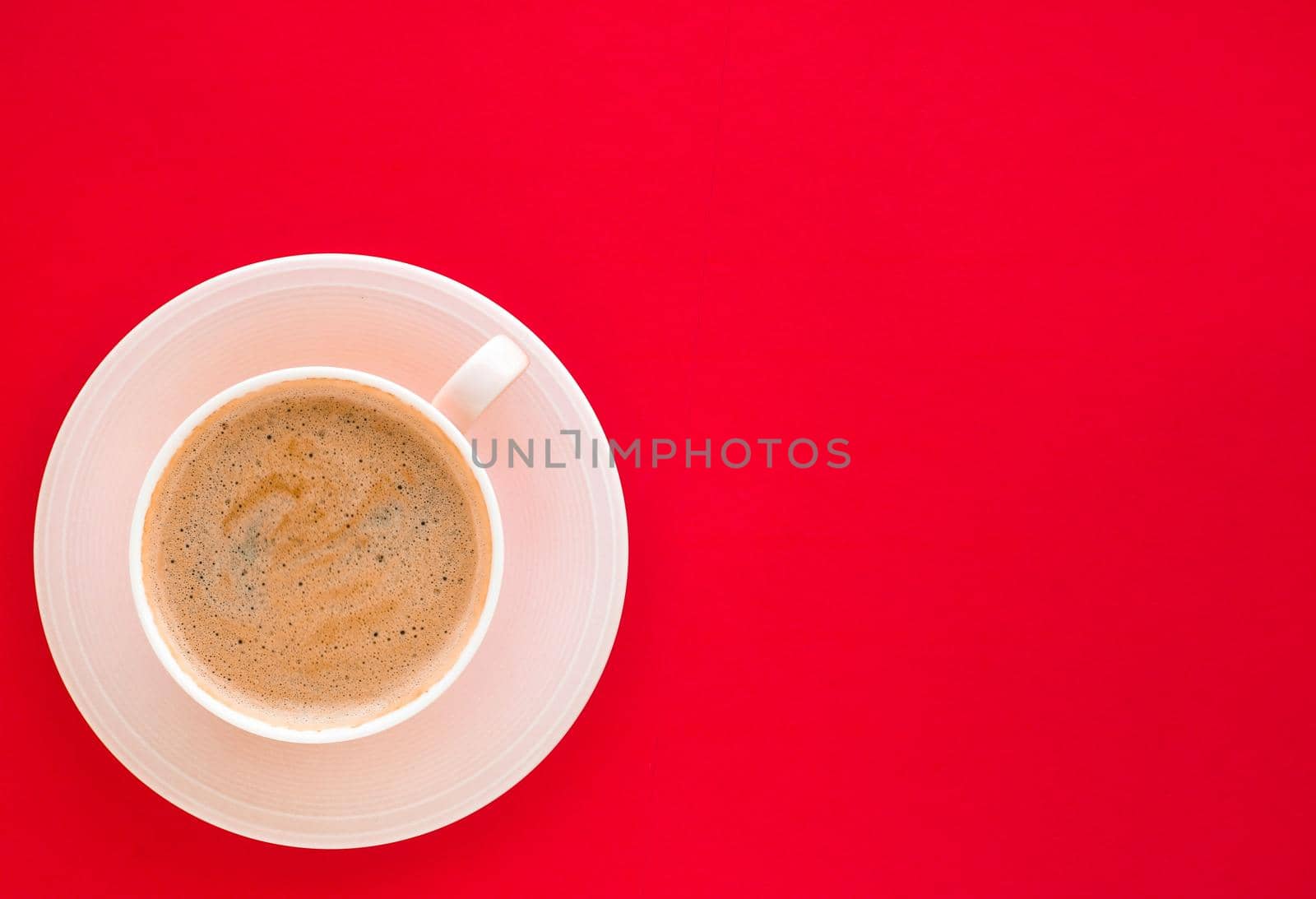 Breakfast, drinks and modern lifestyle concept - Hot aromatic coffee on red background, flatlay