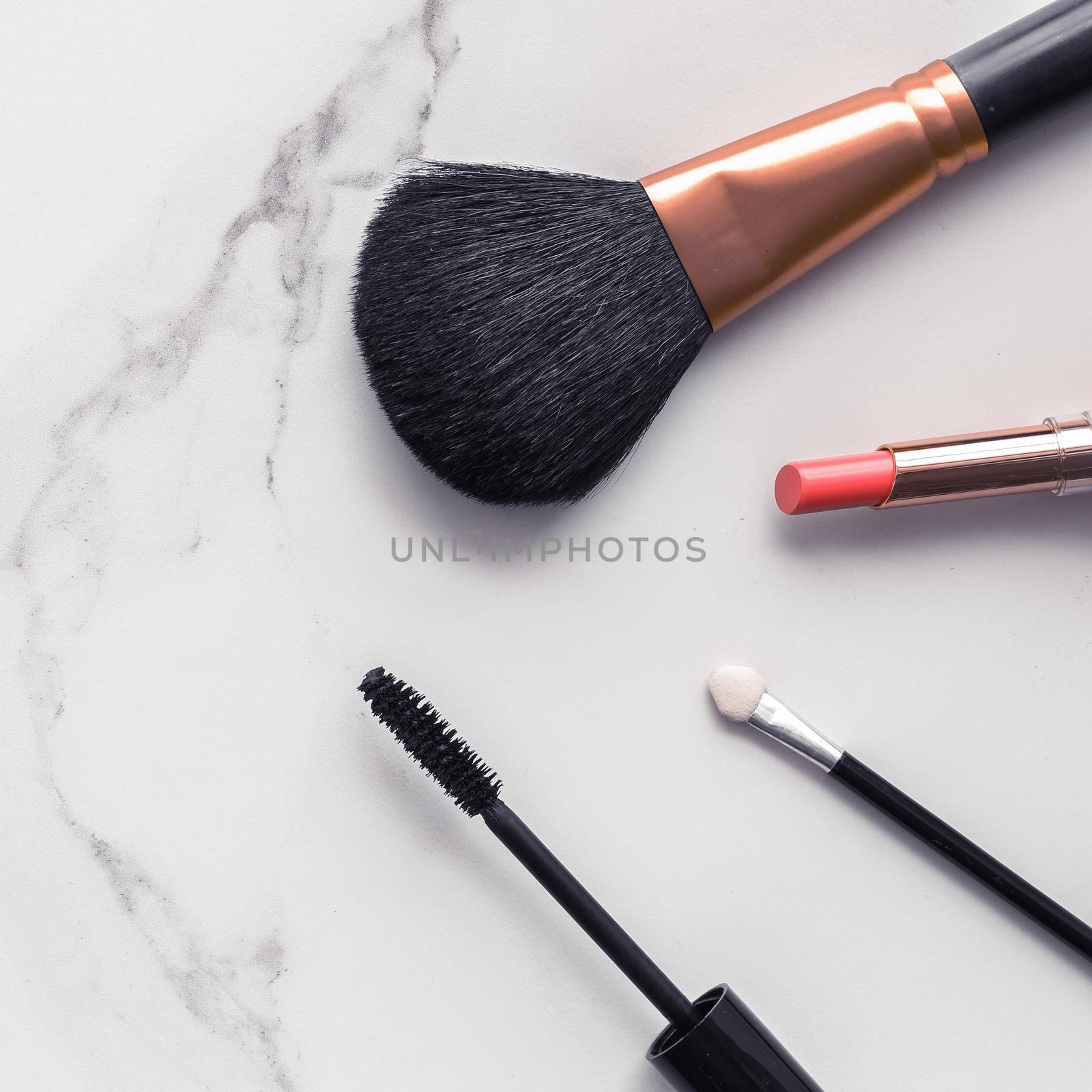 Modern feminine lifestyle, blog background and styled stock concept. Beauty and fashion inspiration - Make-up and cosmetics flatlay on marble