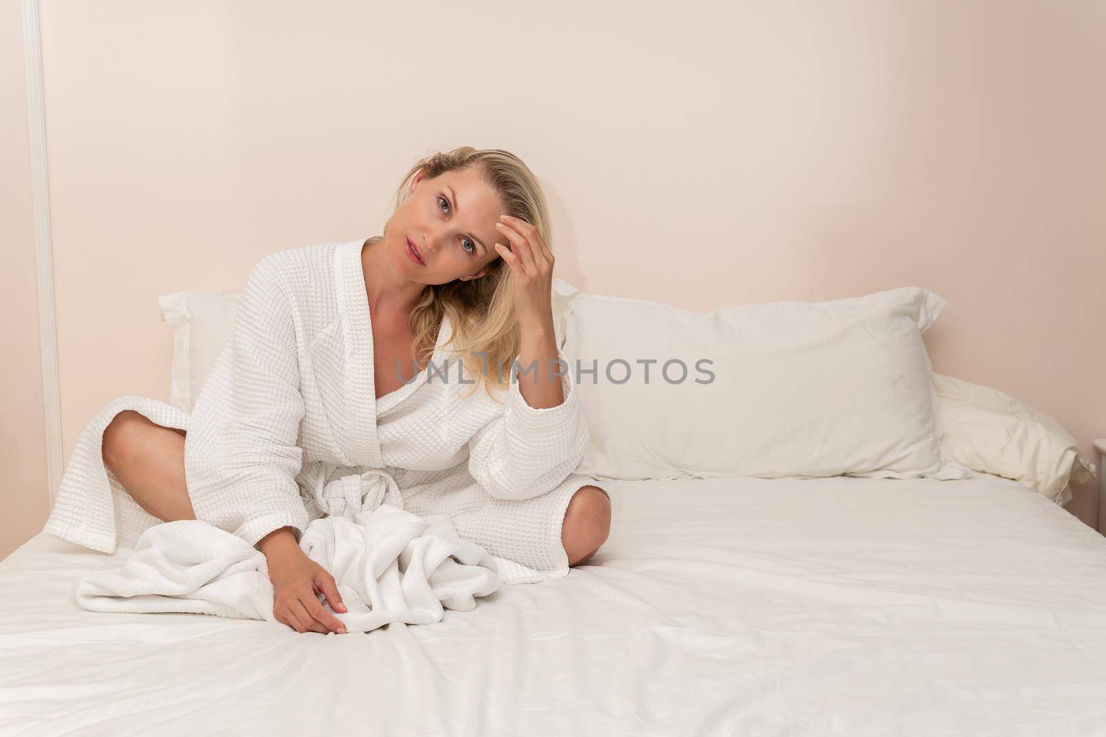 Blonde spa beauty copyspace cell bed female bathrobe hotel untying, concept ritual preparing from home for caucasian wellbeing, gown robe. Happy people american, by 89167702191