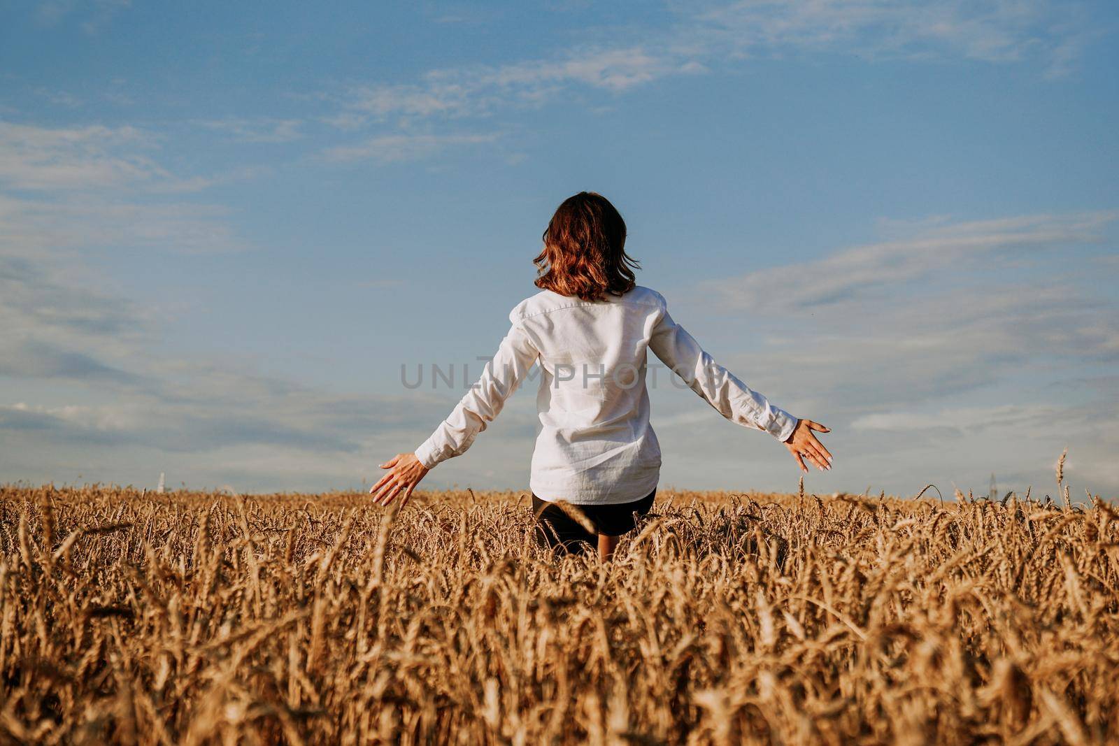 A woman in a white shirt in a rye field. View from the back. The concept of pacification, meditation, happiness, harmony