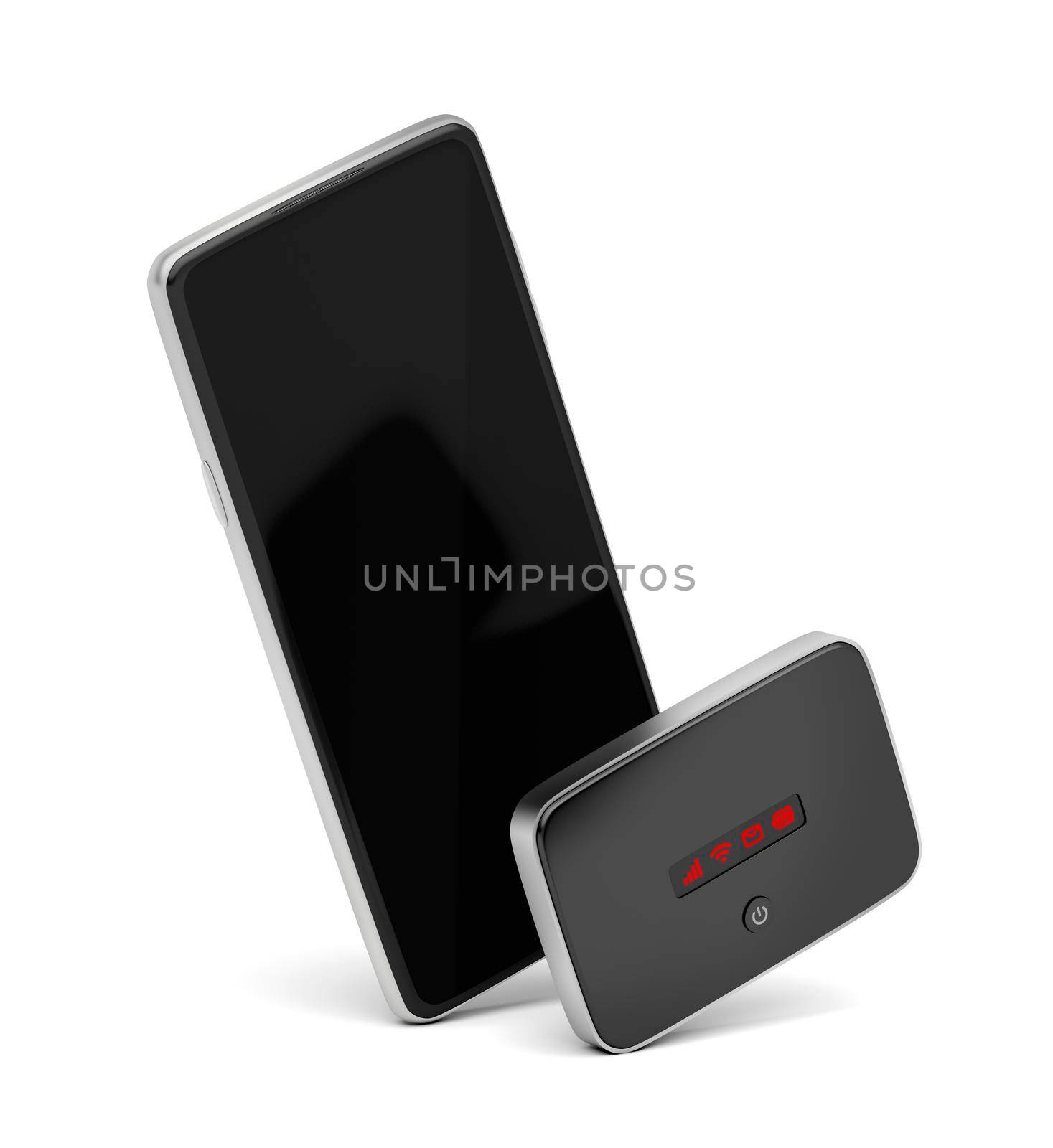 Smartphone and Wi-Fi mobile router on white background