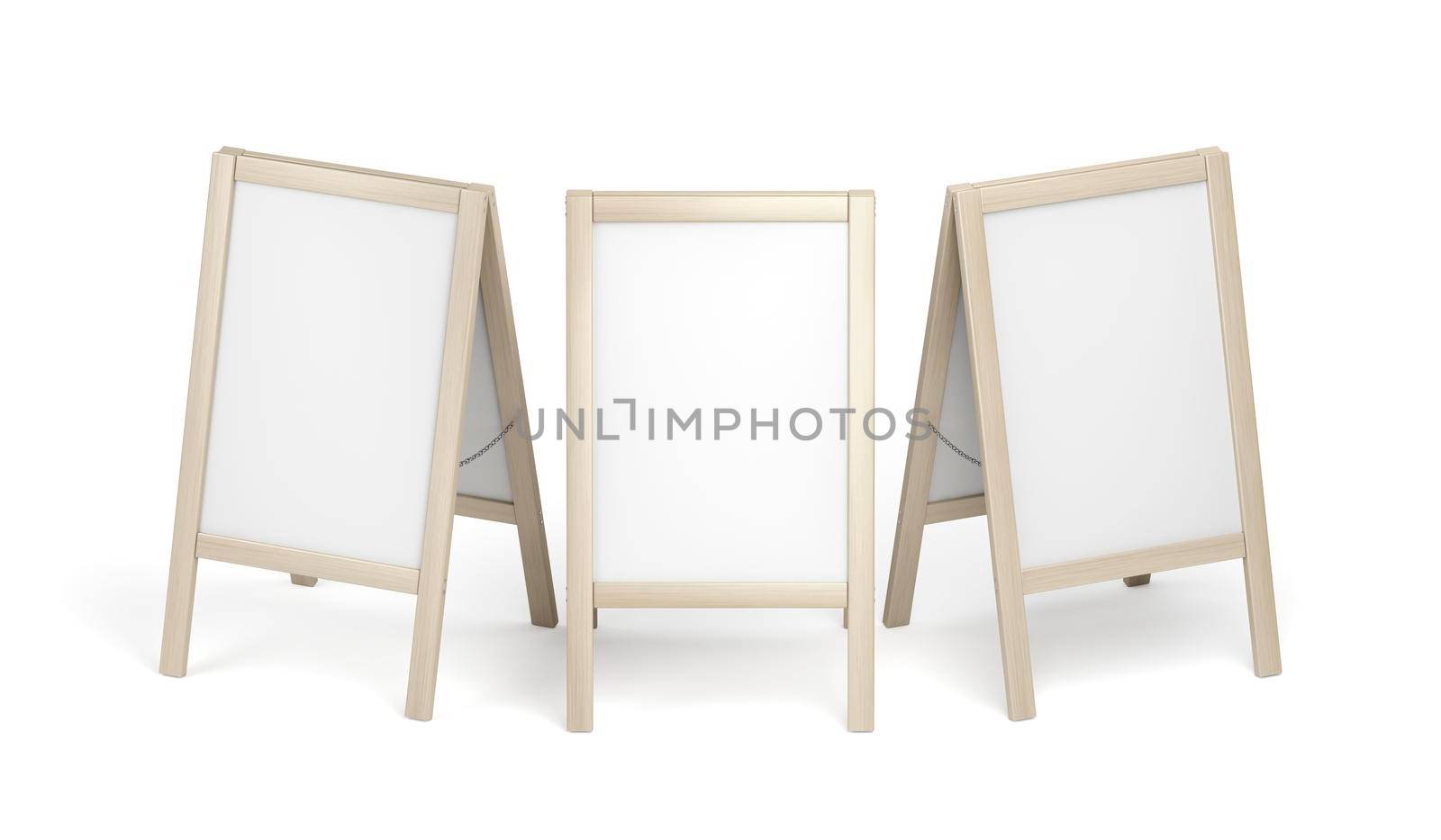 Blank advertising stands with wooden frames on white background