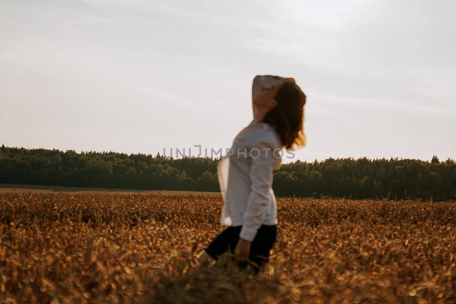 Silhouette of woman enjoying sunset. Female silhouette in the field at sunset by natali_brill