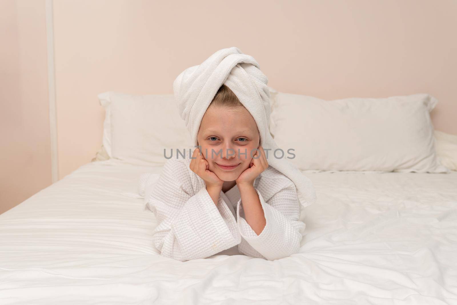 Elbows coffee smile copyspace Creek bathrobe bed girl portrait morning, from lifestyle dressing in young for beautiful style, pirate background. Care kid fashion,