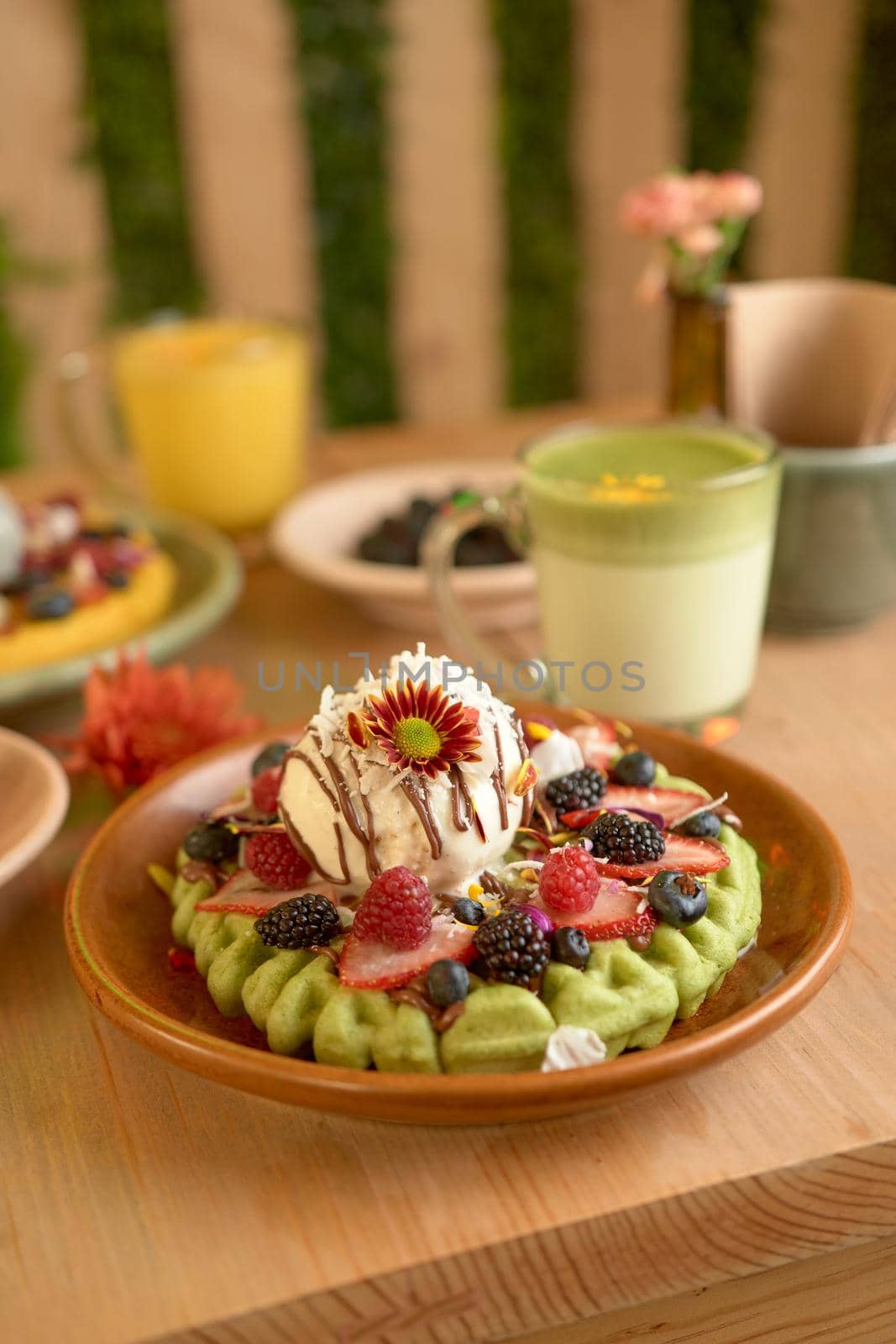 delicious waffle on wooden table. delicious breakfast waffle.