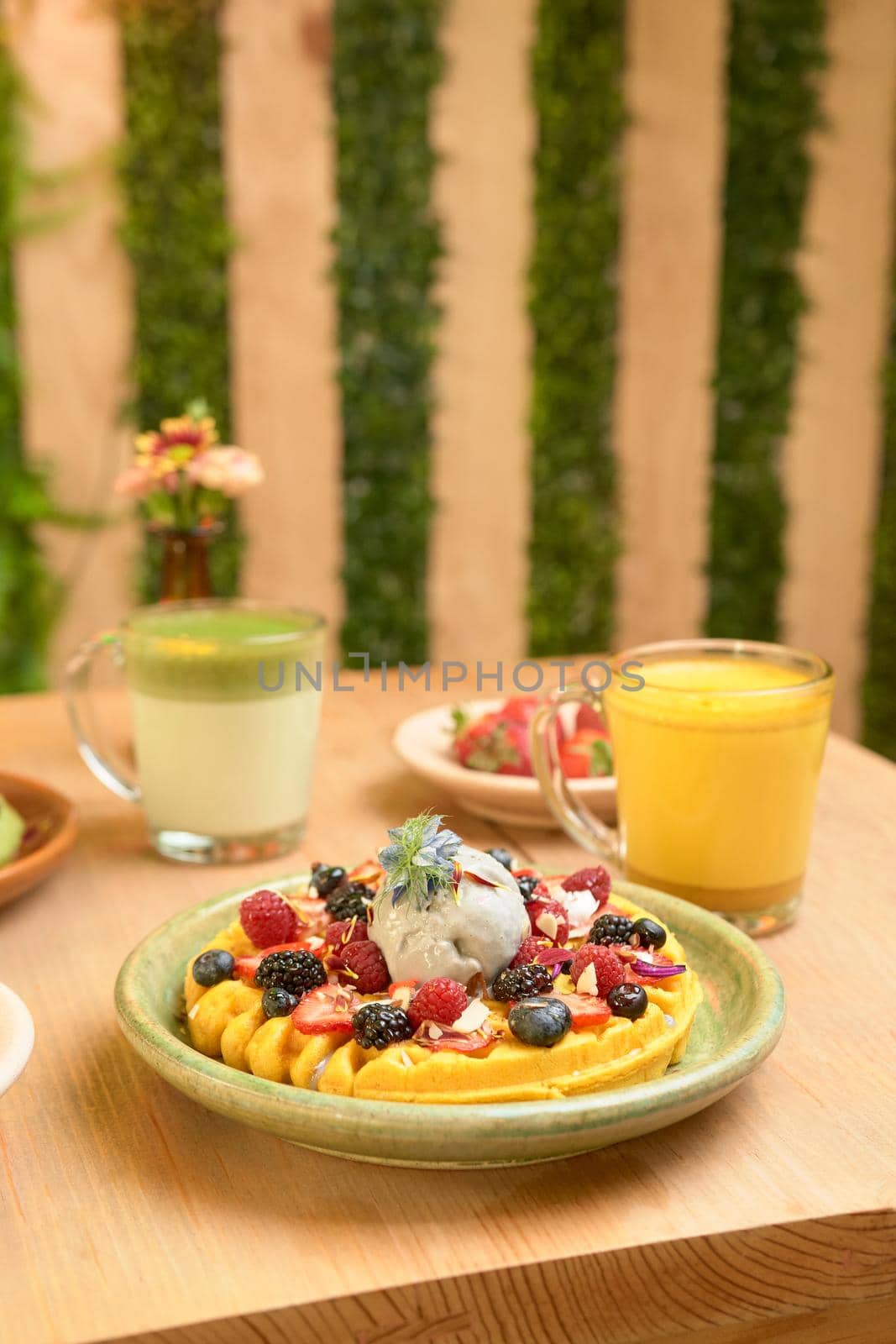 delicious waffle on wooden table. delicious breakfast waffle.