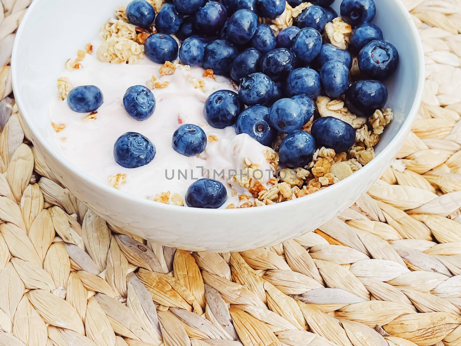 Blueberry yogurt cereal bowl as healthy breakfast and morning meal, sweet food and organic berry fruit, diet and nutrition concept