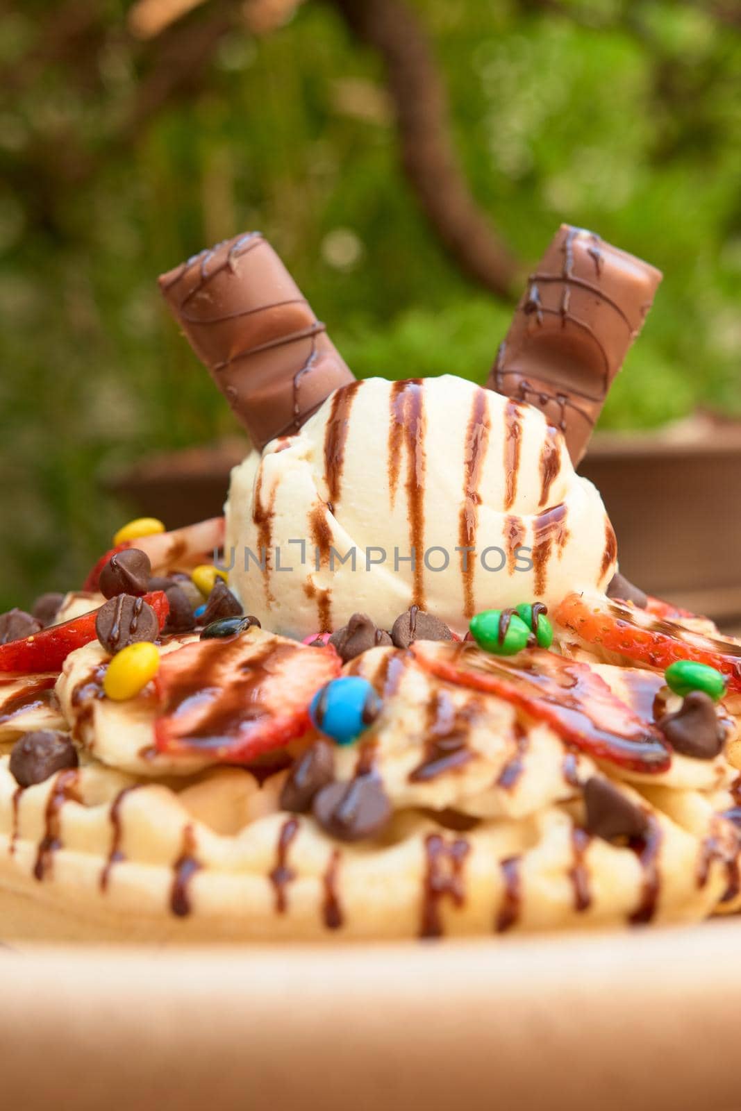 delicious waffle on wooden table. delicious breakfast waffle.