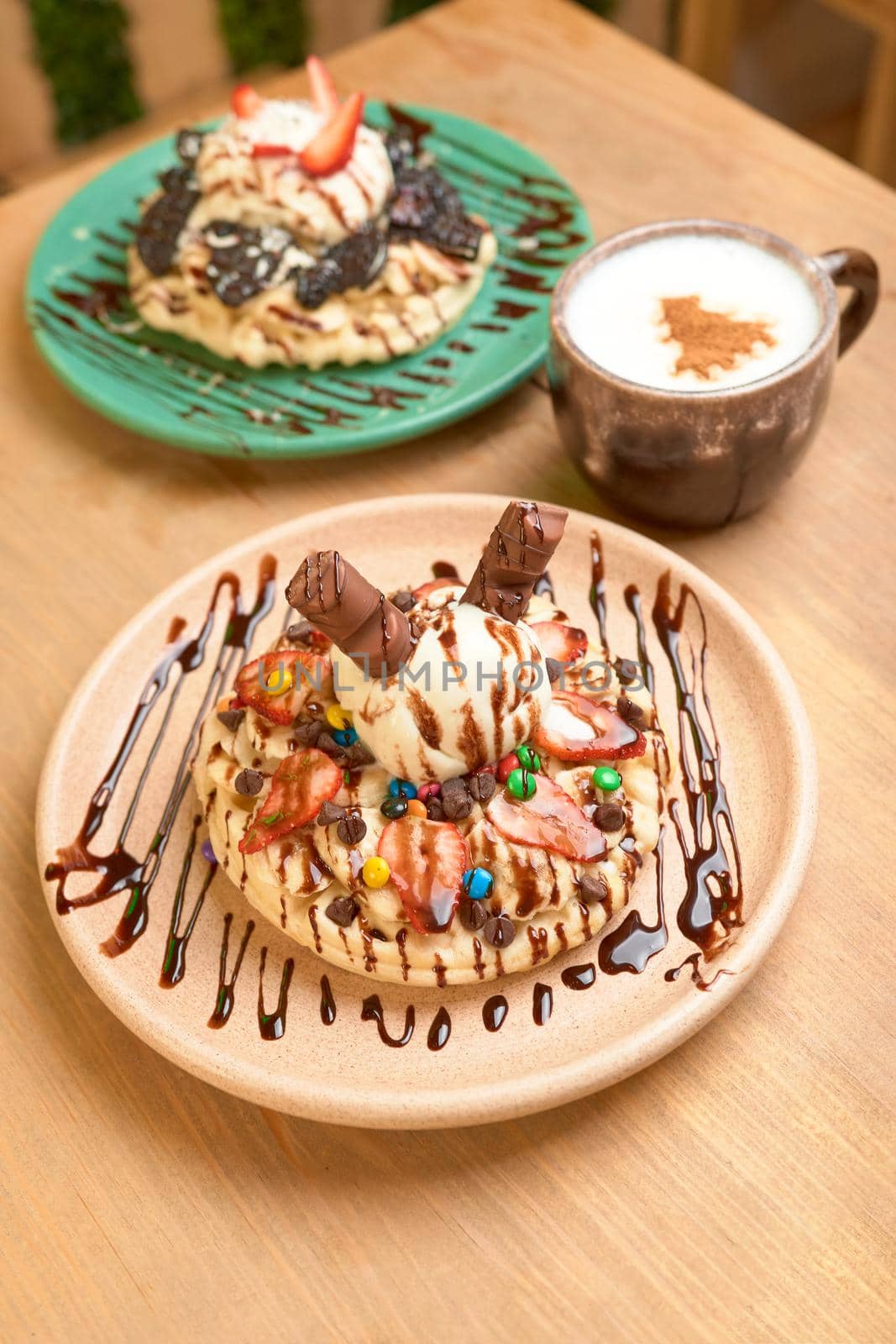 delicious waffle on wooden table. delicious breakfast waffle.