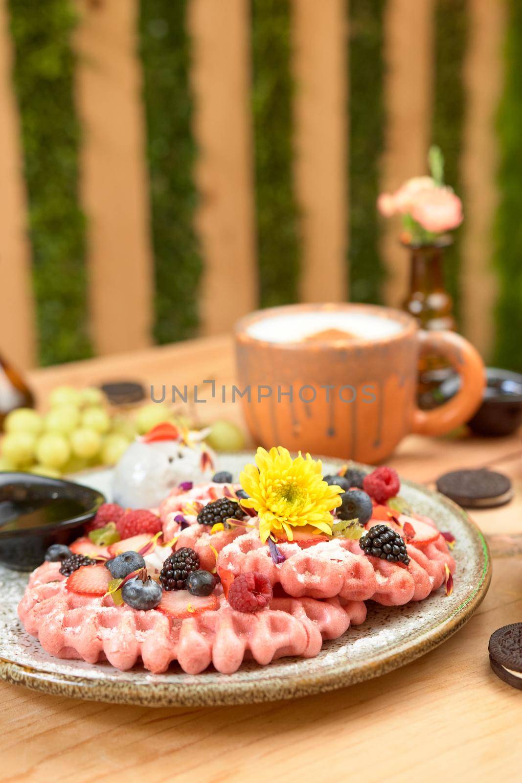 delicious waffle on wooden table. delicious breakfast waffle.