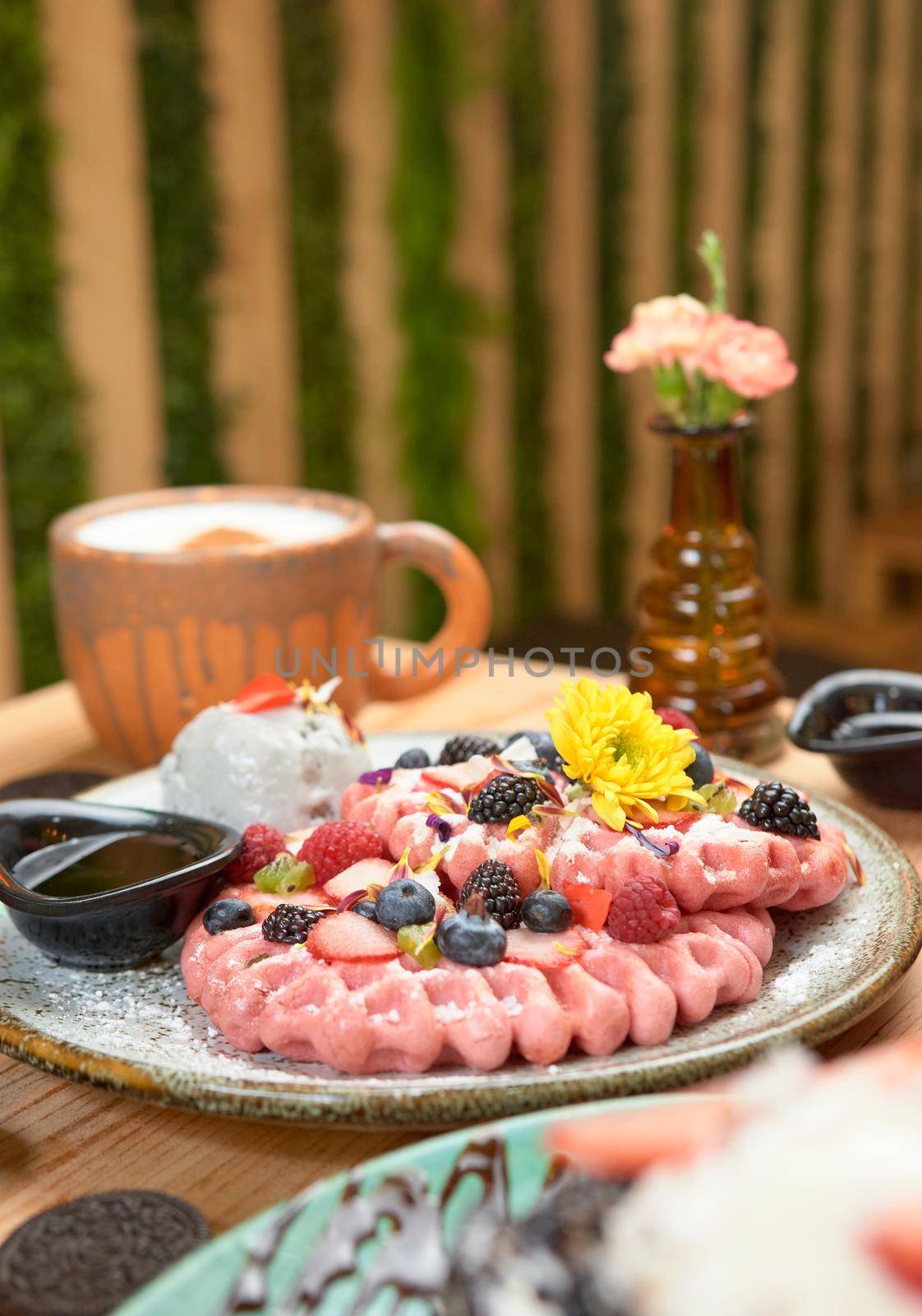 delicious waffle on wooden table. delicious breakfast waffle.