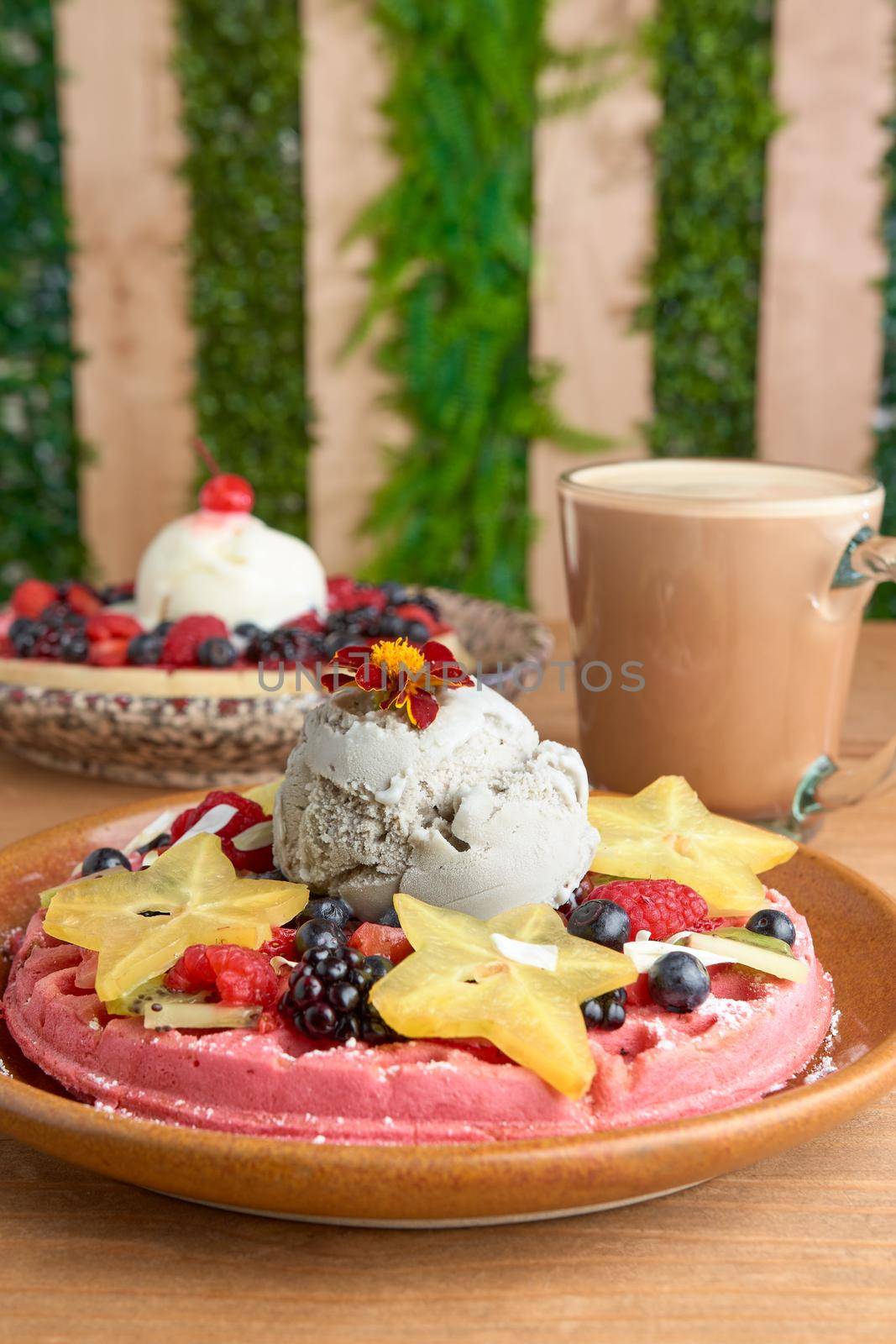 delicious waffle on wooden table. delicious breakfast waffle.