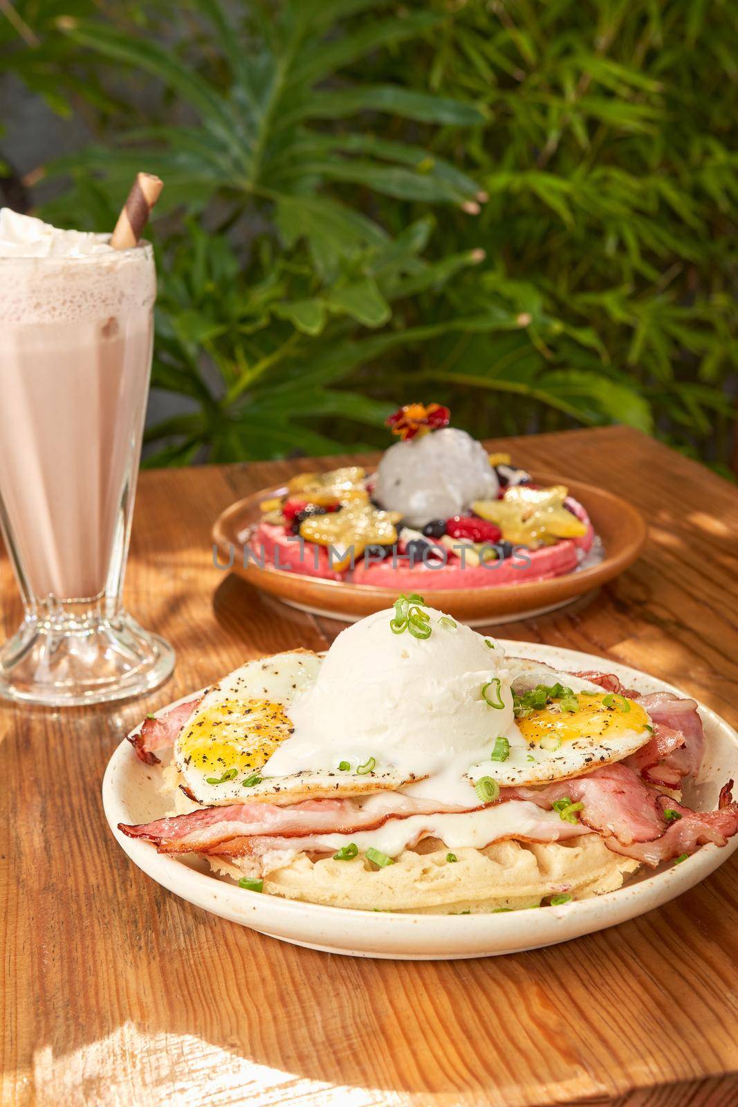 delicious waffle on wooden table. delicious breakfast waffle.