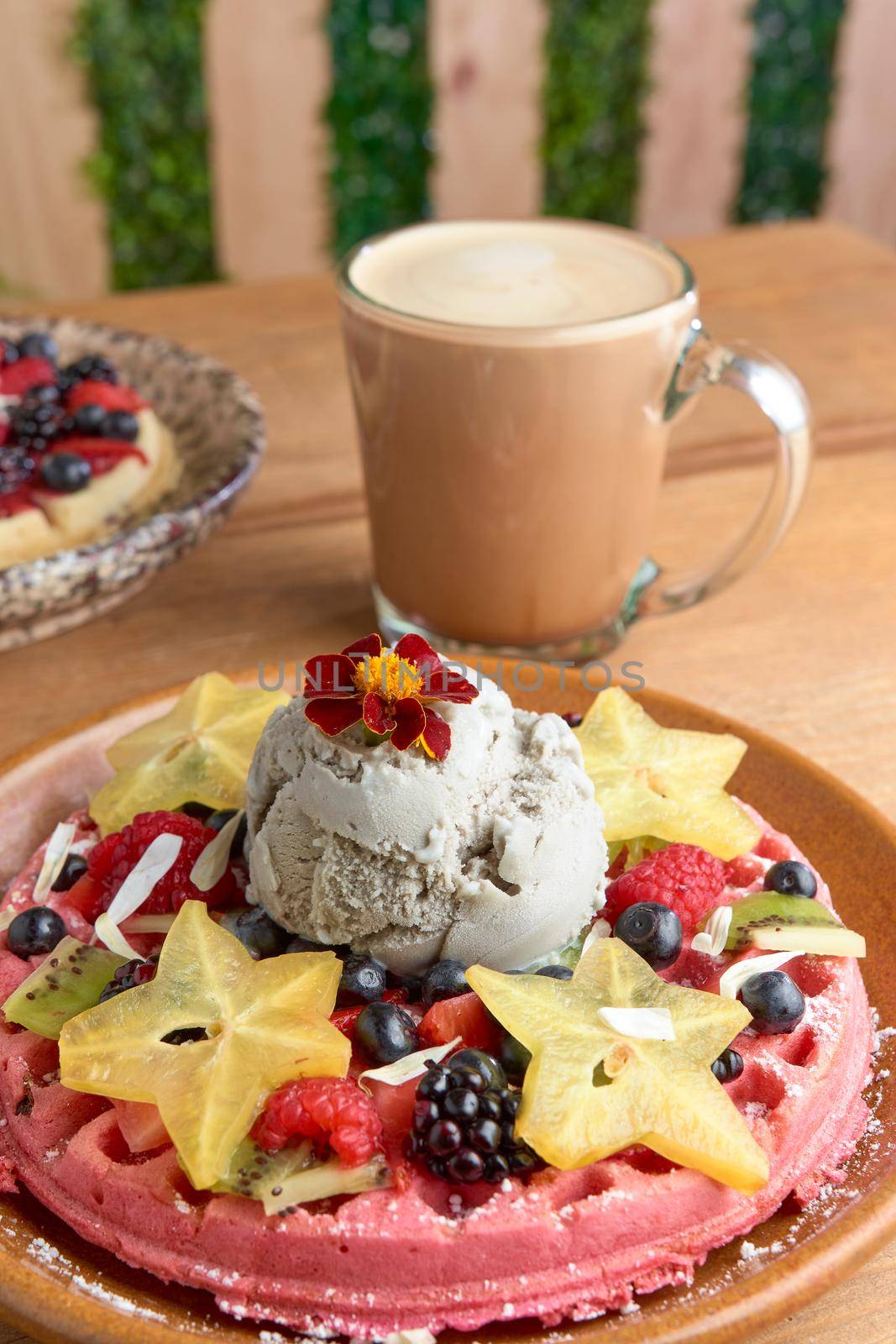 delicious waffle on wooden table. delicious breakfast waffle.