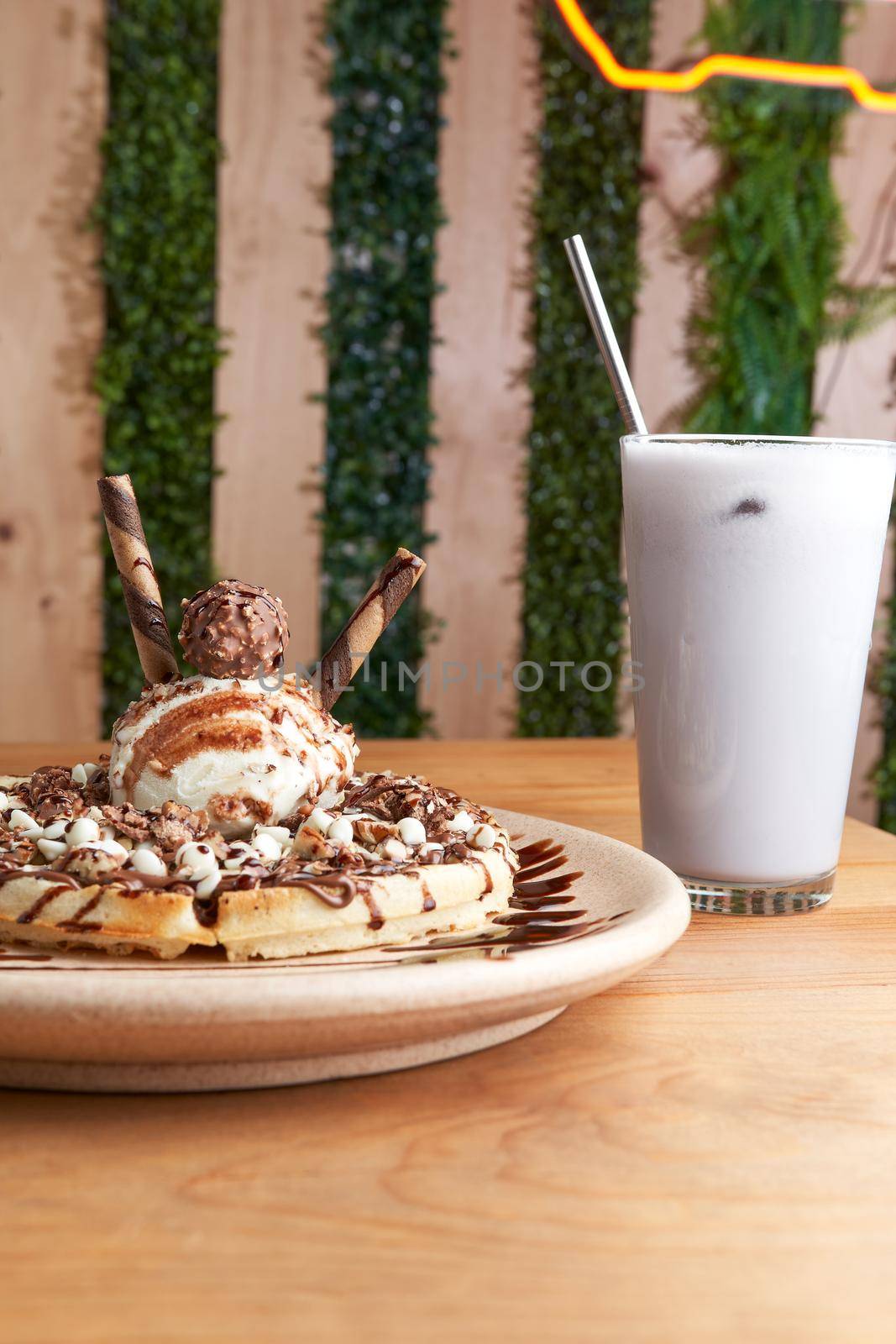 delicious waffle on wooden table. delicious breakfast waffle.