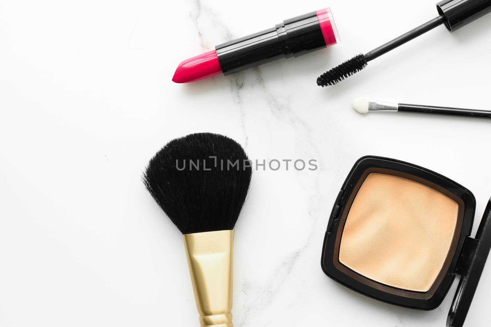 Make-up and cosmetics on marble, flatlay - modern feminine lifestyle, vlog background and styled stock concept. Beauty inspiration in a fashion blog