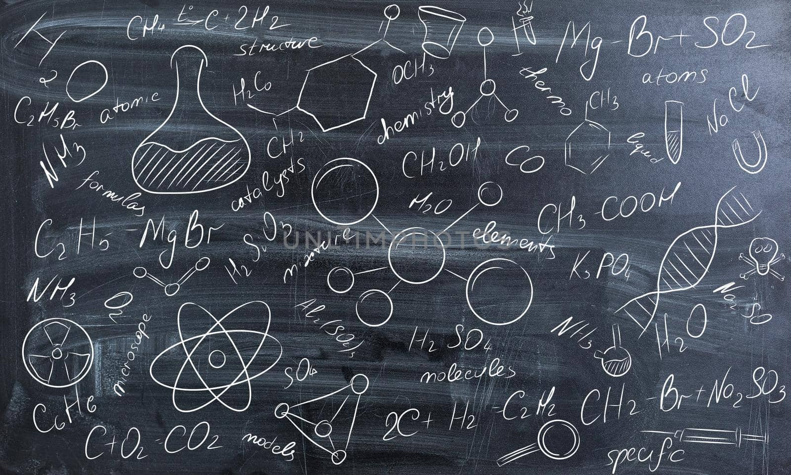 Background of a school board with scribbles painted chalk. A traditional image of chemistry. by Andelov13