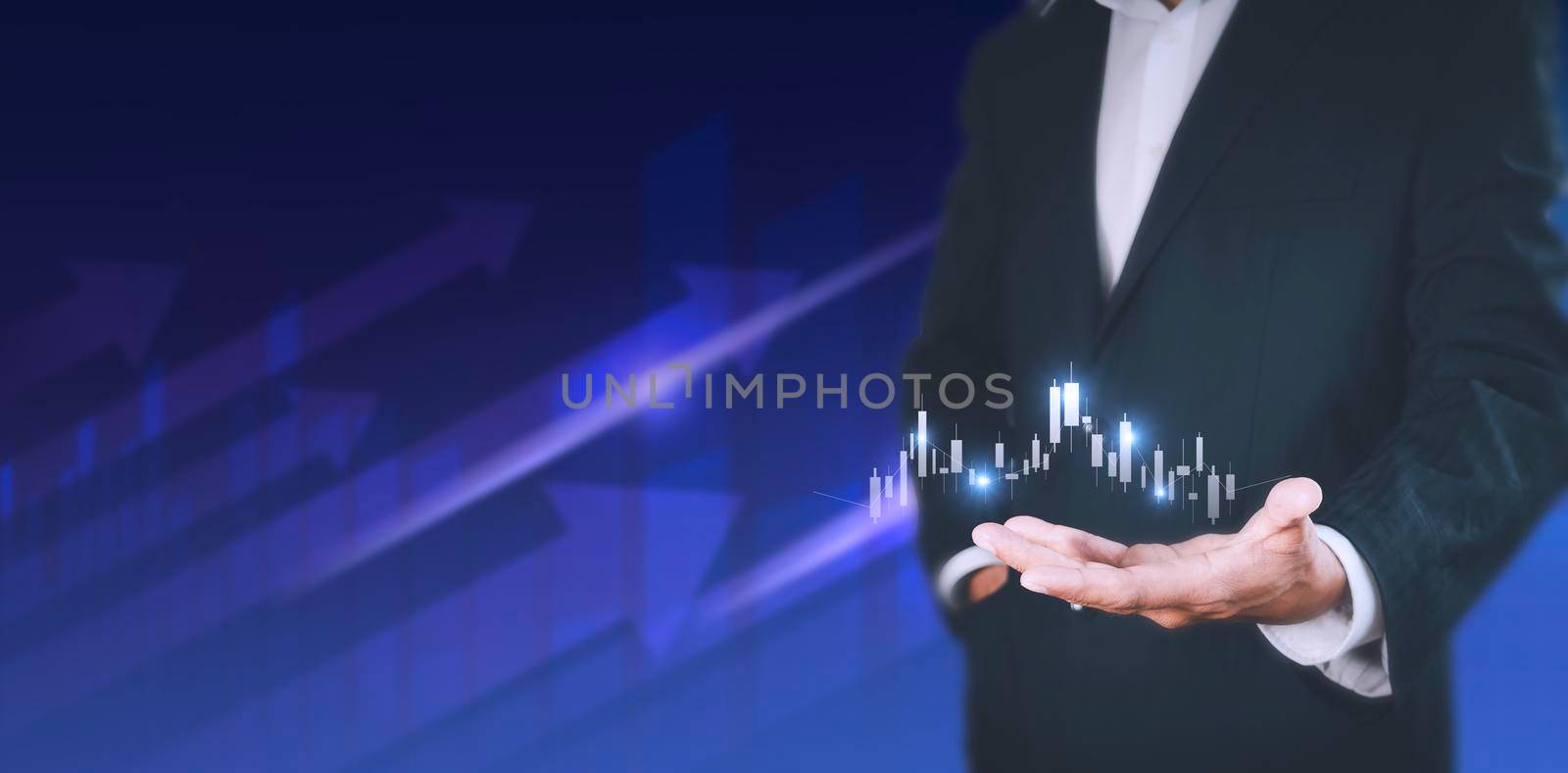 Businessman show stock market bar chart grow up to target. Business finance concept. Businessman's hands Show success graph, stocks grow every year With copy space banner
