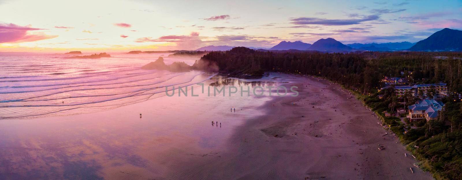 Aerial view over Tofino Pacific Rim national park with drone from above Cox Bay Vancouver Island by fokkebok