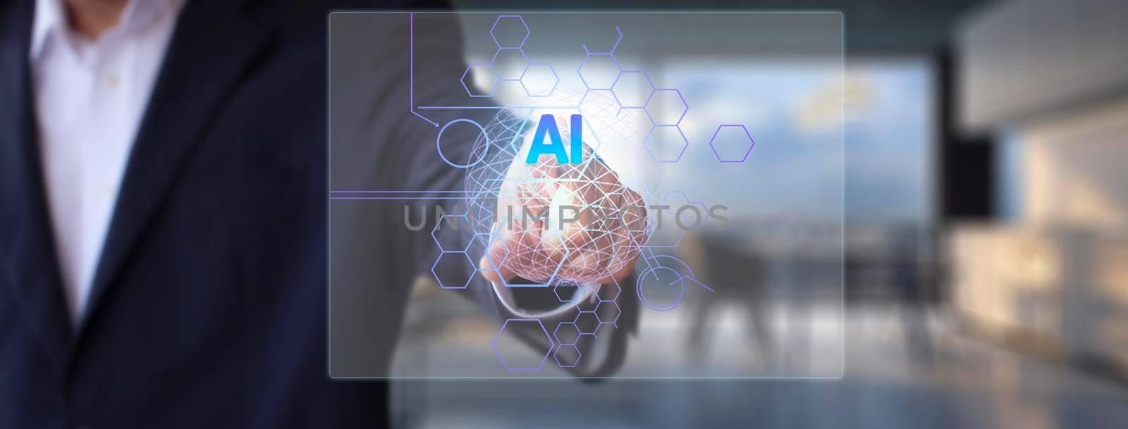 Businessman pressing AI button on hologram virtual screens with hexagons and transparent. Business technology internet and virtual reality concept. With copy space by Satrinekarn