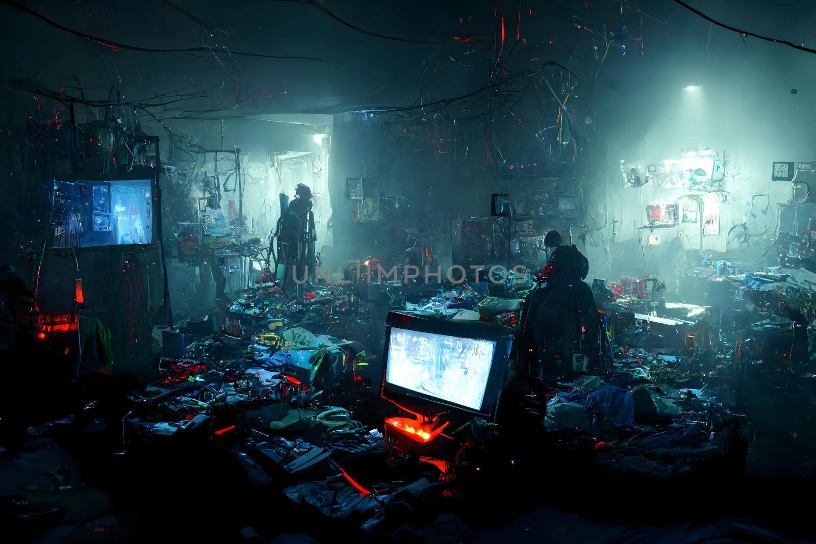 messy and dark cyberpunk hacker hideout room with cyan christmas lights, neural network generated art, picture produced with ai in fall 2022