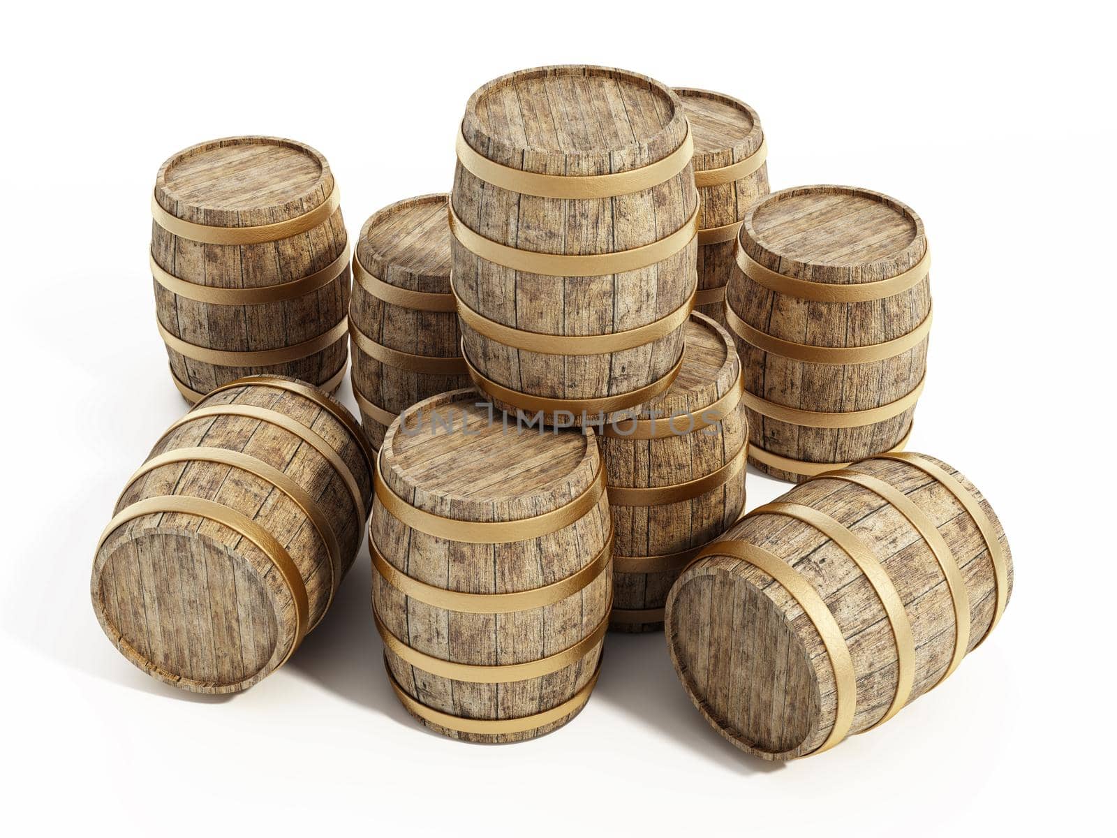 Aged stack of wine barrels isolated on white background. 3D illustration by Simsek