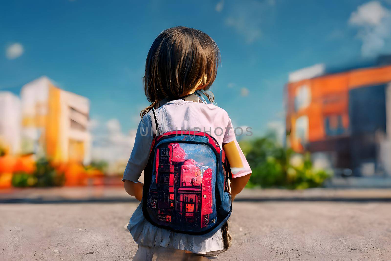 Back facing little girl with backpack looking at school building at sunny summer day, neural network generated art. Digitally generated image. Not based on any actual scene or pattern.