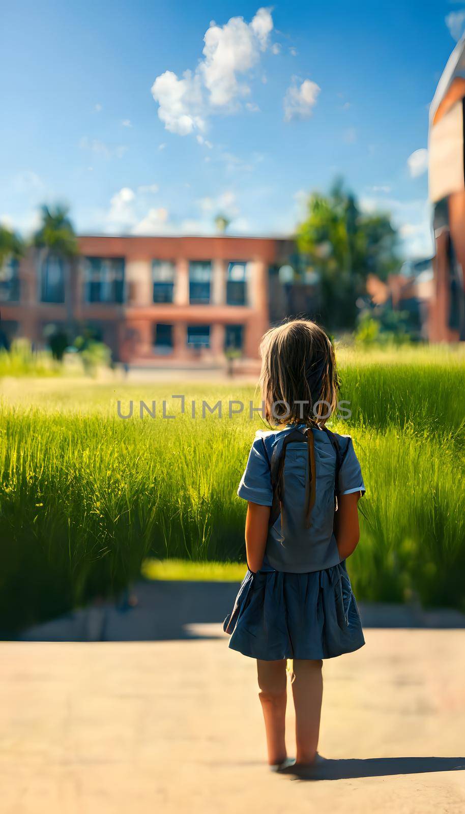 Back facing little girl with backpack looking at school building at sunny summer day, neural network generated art. Digitally generated image. Not based on any actual scene or pattern.