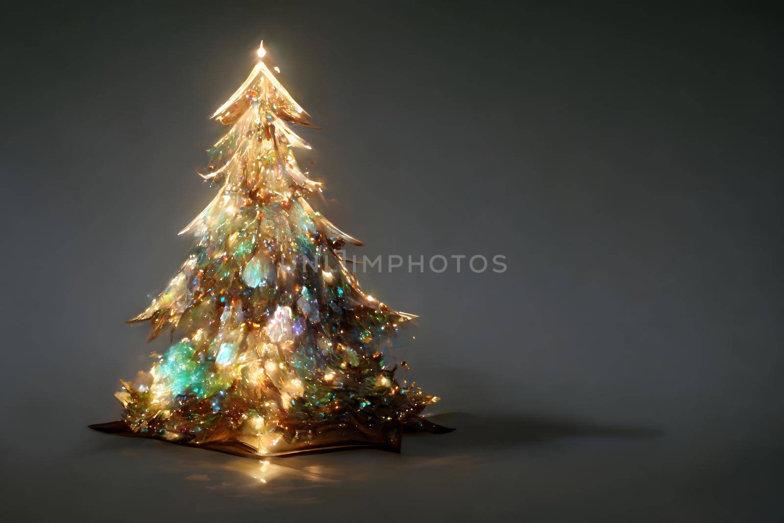 christmas tree on gray backgound with copy space, neural network generated art. Digitally generated image. Not based on any actual scene or pattern.