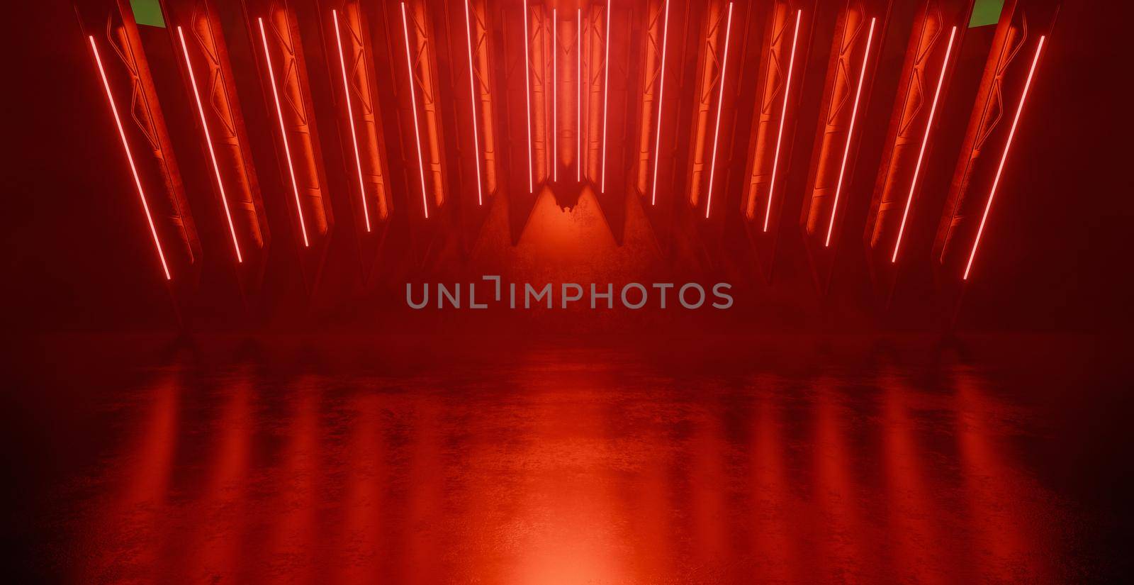 Extraordinary OuterSpace Vibrant Red Cyber Warehouse Futuristic Interior Banner Background Wallpaper 3D Render