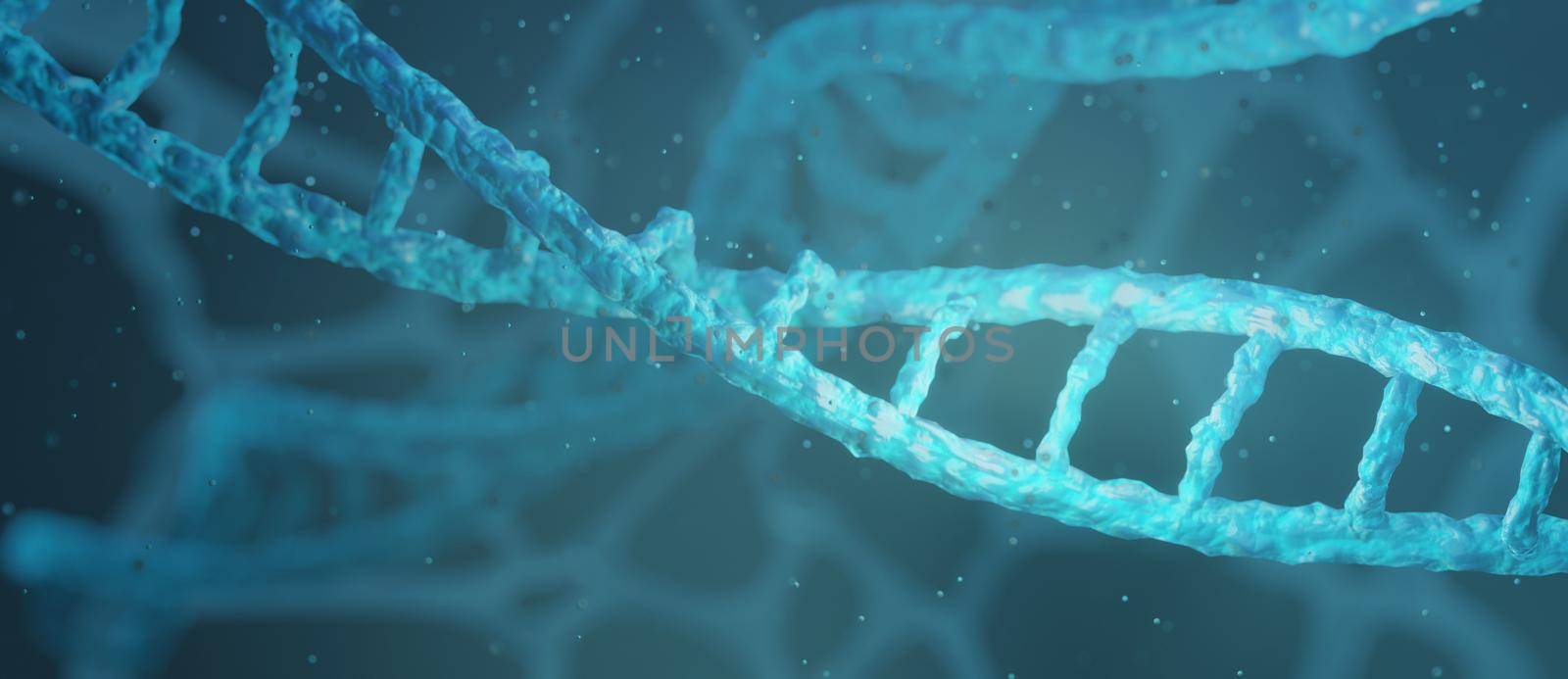 Blue particles dna helix glowing over dark blue background. Concept of genetics, medicine. Biotech 3D Illustration by yay_lmrb