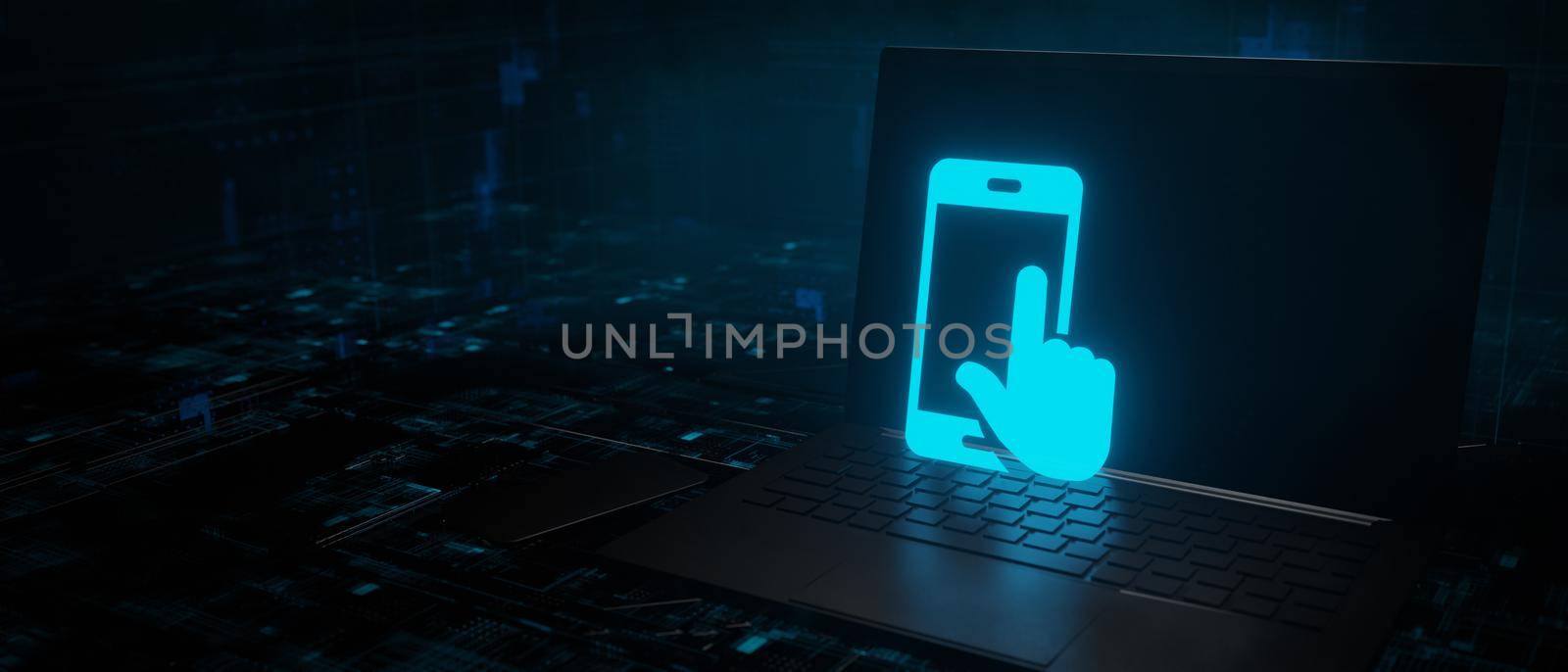 Digital technology concept of mobile internet,touch hand with phone social media 3D Render