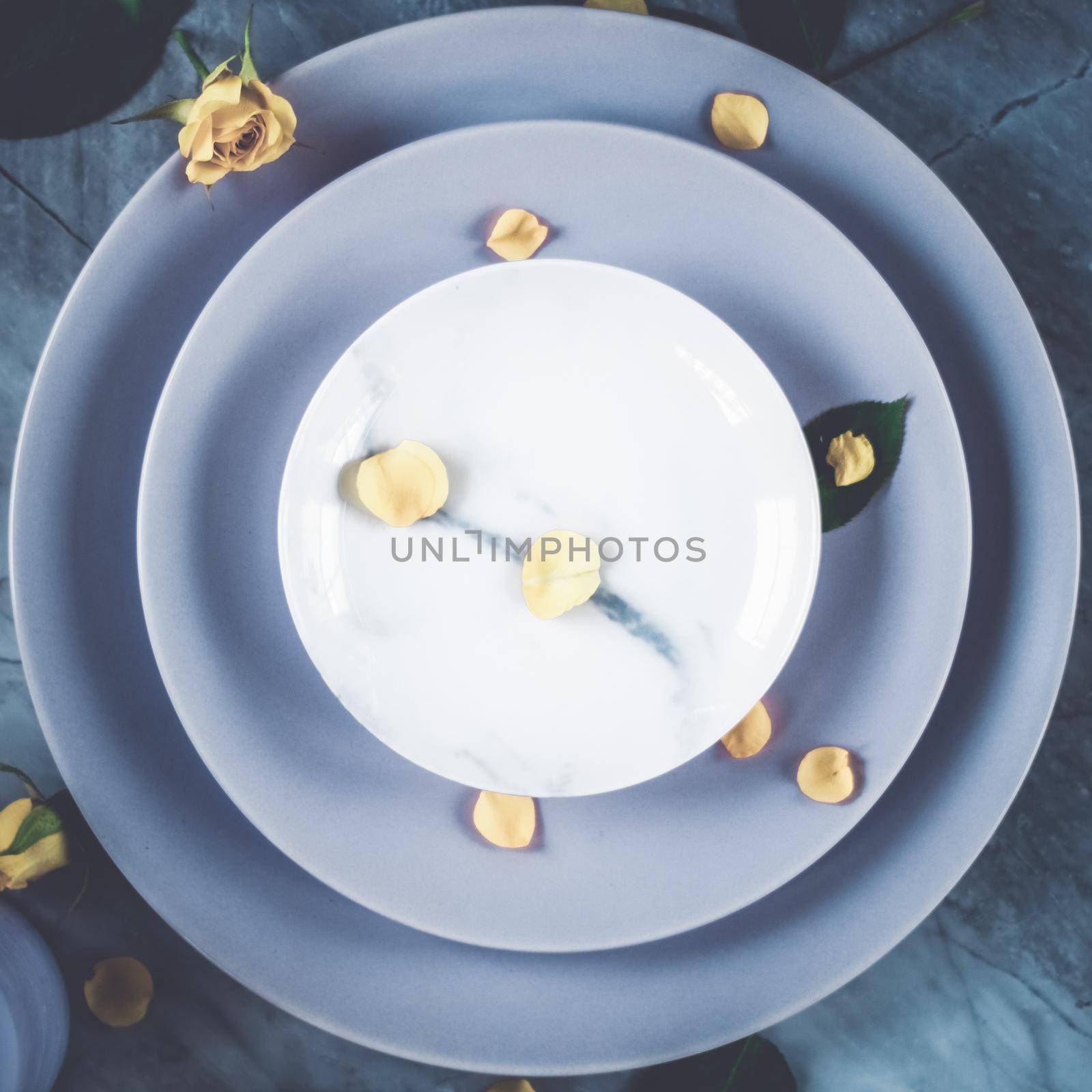 Creative stylish tableware for dinner, flatlay - wedding party, event decoration and inspiration concept. Classy table setting decor idea