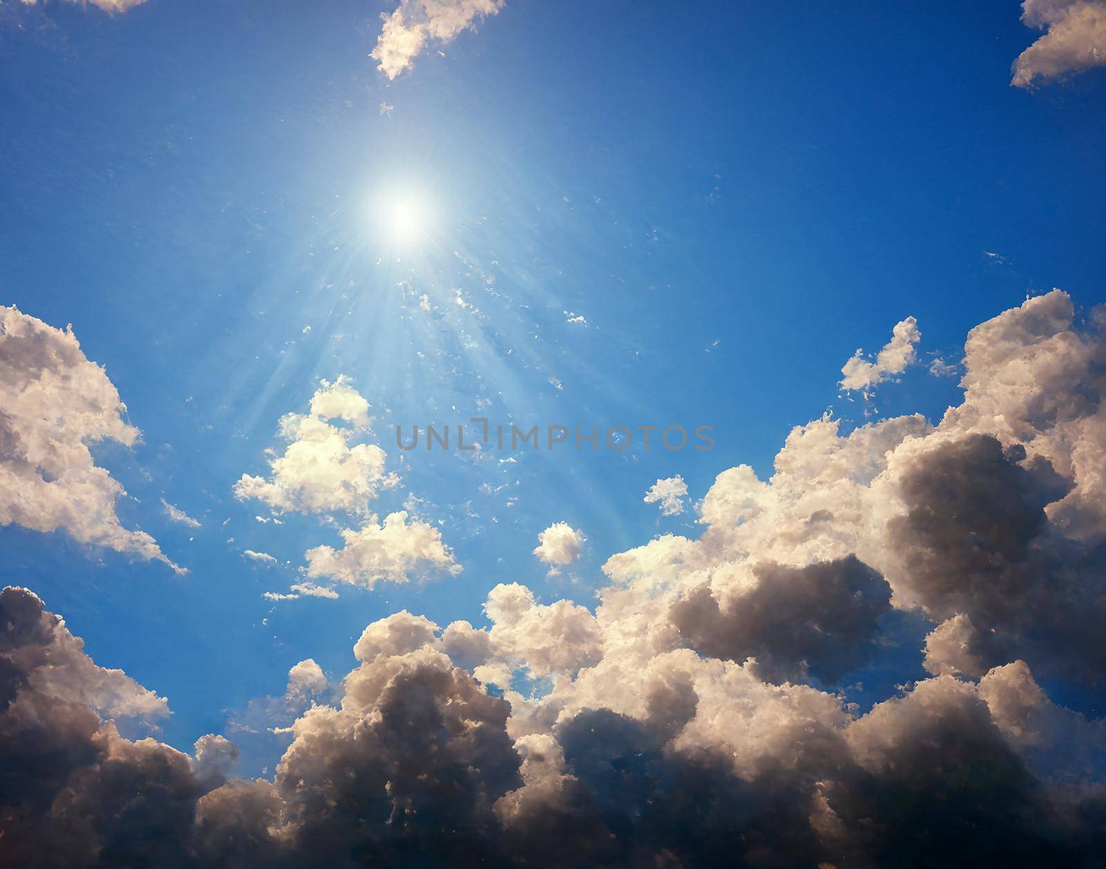 Blue sky with clouds and sun.